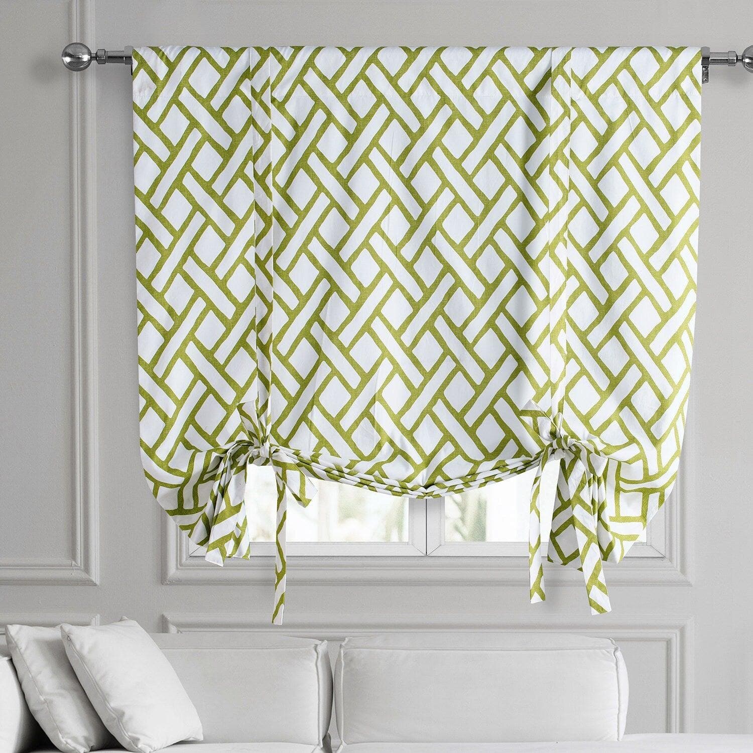 Garden Path Moss Green Geometric Printed Cotton Room Darkening Tie Up Window Shade - Stylish Window Treatment for Living Room, Bedroom & Nursery