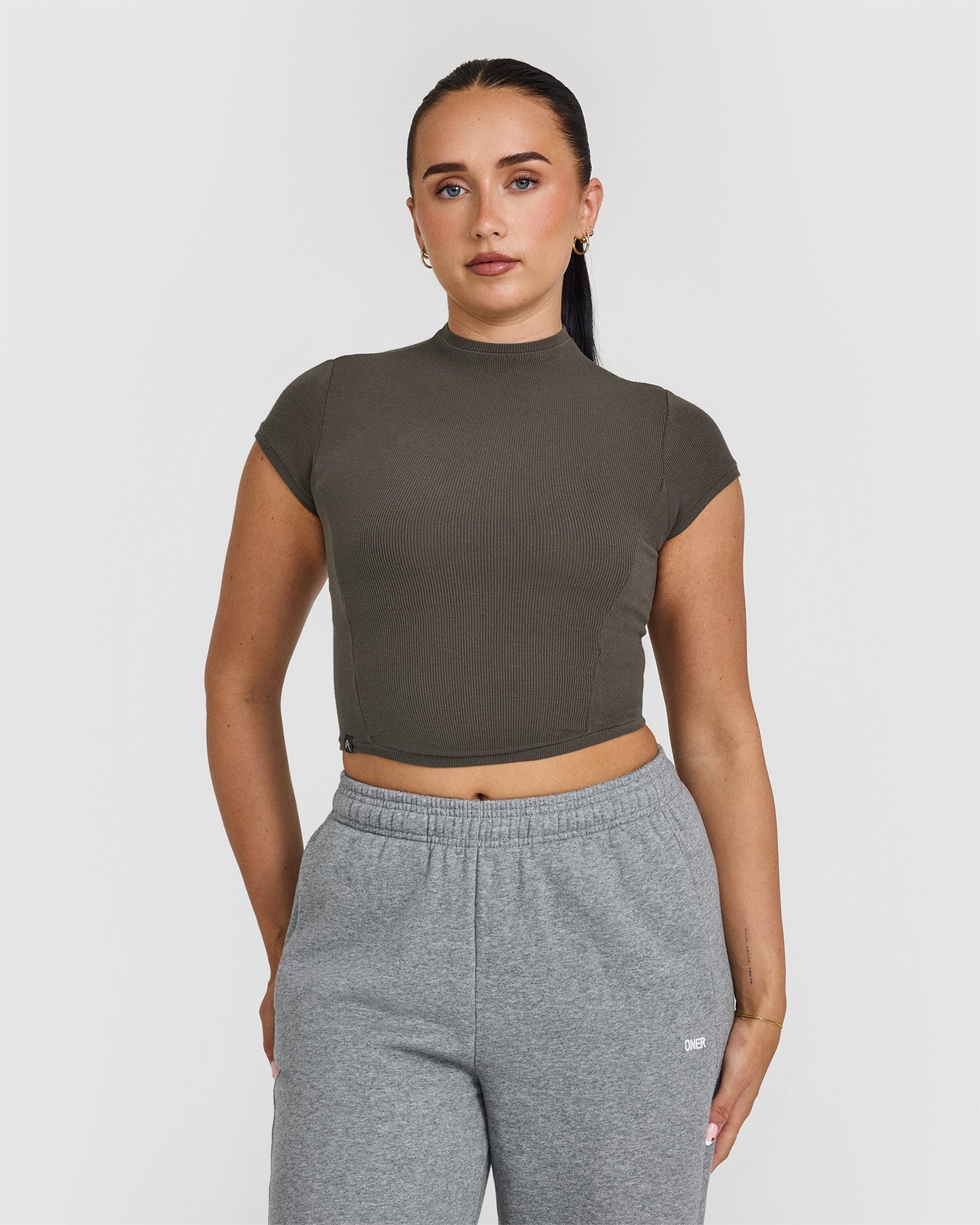 Mellow™ Rib Mid Mock Neck T-Shirt for Women - Soft Stretch Comfort Fit Casual Tee in Deep Taupe | Perfect for Everyday Wear, Layering & Office Outfits