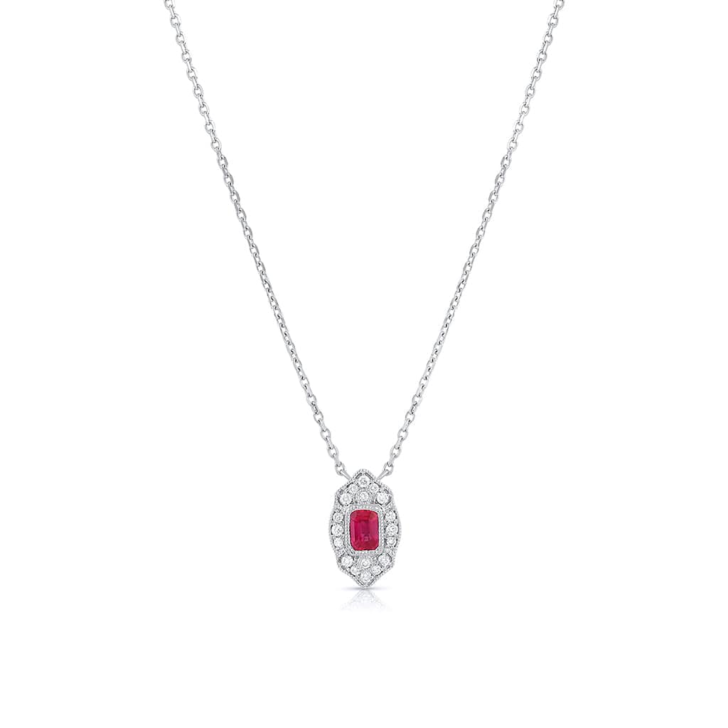 14K White Gold Ruby Diamond Art Deco Pendant Necklace for Women - Elegant Vintage Jewelry Gift for Anniversary, Valentine's Day & Special Occasions