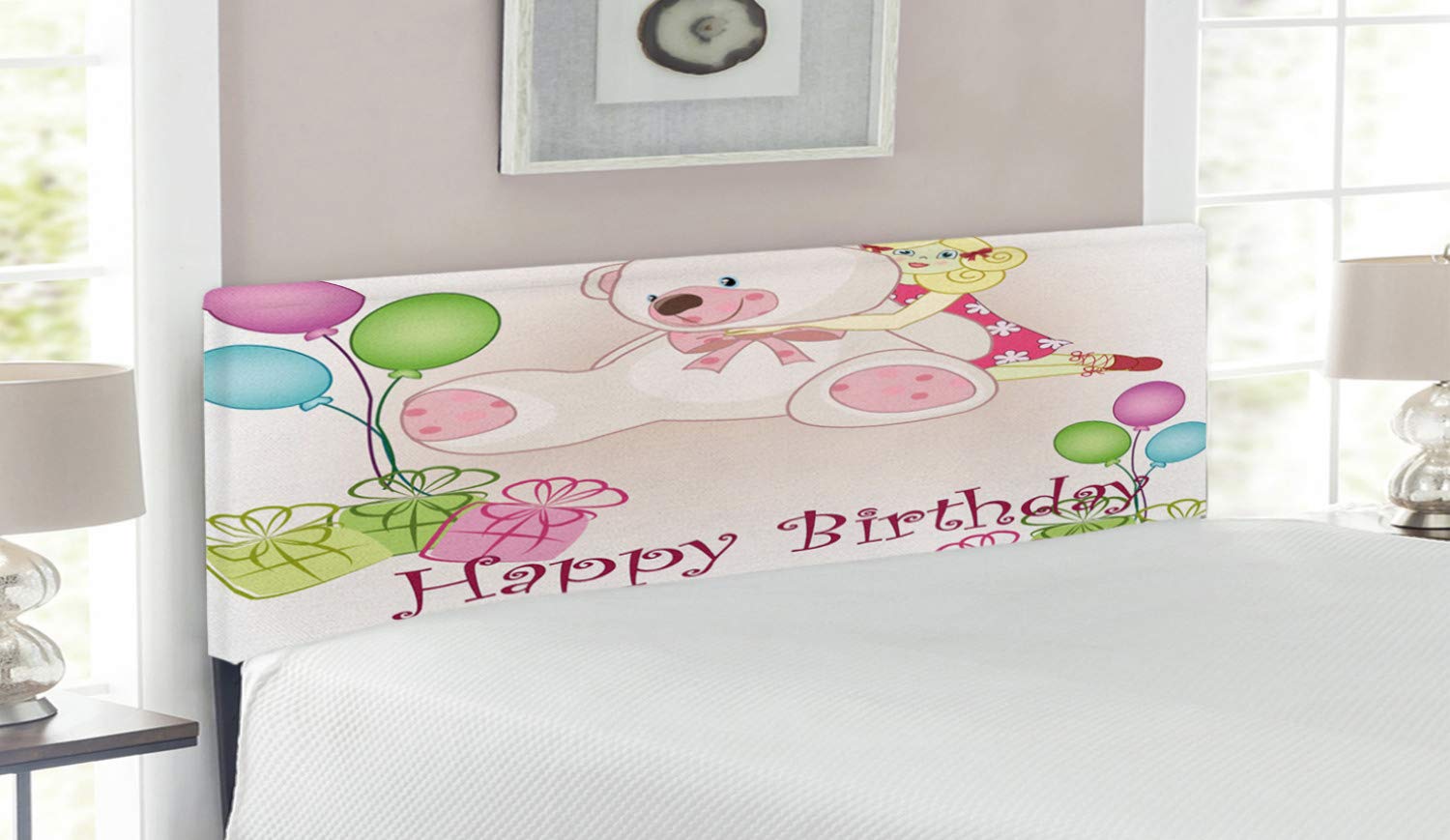 Ambesonne Pink Teddy Bear Birthday Party Headboard - Queen Size Upholstered Decorative Metal Bed Frame with Memory Foam - Perfect for Girls' Bedroom Decor & Birthday Surprise Gifts