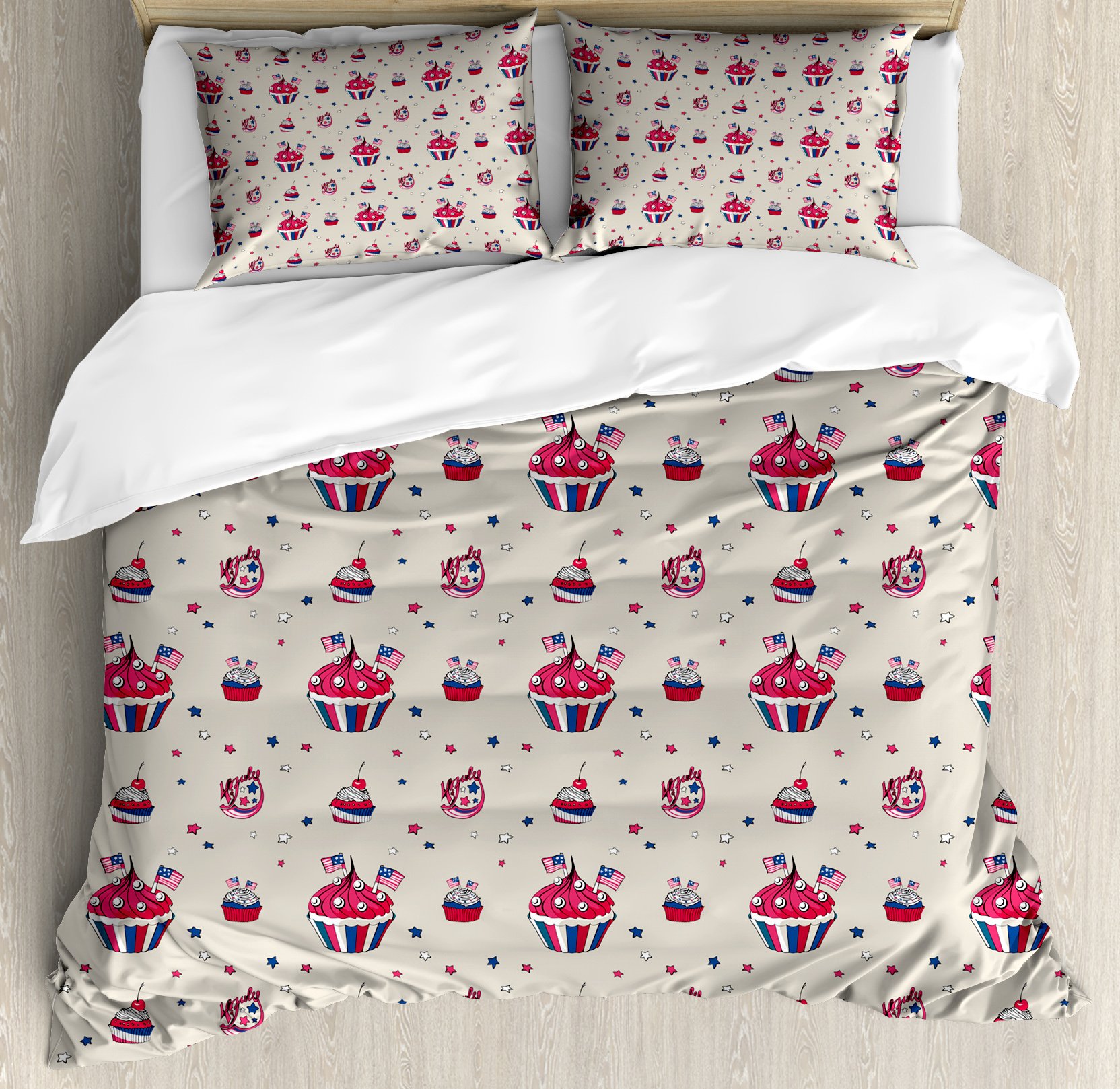 Ambesonne USA Queen Size Duvet Cover Set - 3 Piece Patriotic Cupcakes with National Flags Design, Beige Navy Blue Red Bedding with 2 Pillow Shams | Perfect for 4th of July Decor, American Themed Bedroom, and Unique Gift for Independence Day Celebrations