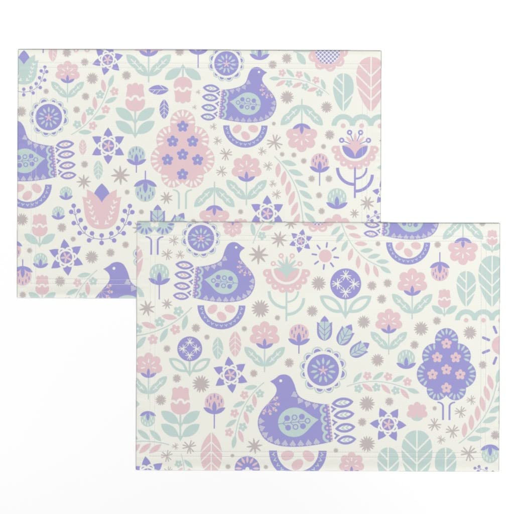 Linen Cotton Canvas Placemats Set of 2 - Spring Blossom Floral Easter Table Mats, Scandinavian Folk Art Printed Washable Placemats for Dining Table, Kitchen Decor, Easter Brunch & Spring Party Decorations
