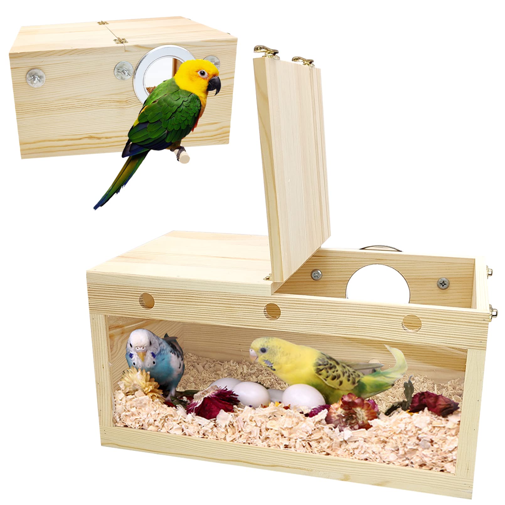 BNOSDM Large Transparent Parakeet Nesting Box - Wooden Bird House with Perch for Cage, Breeding & Nesting - Perfect for Parrots, Lovebirds, Budgerigars - Ideal for Bird Watching & Safe Breeding at Home