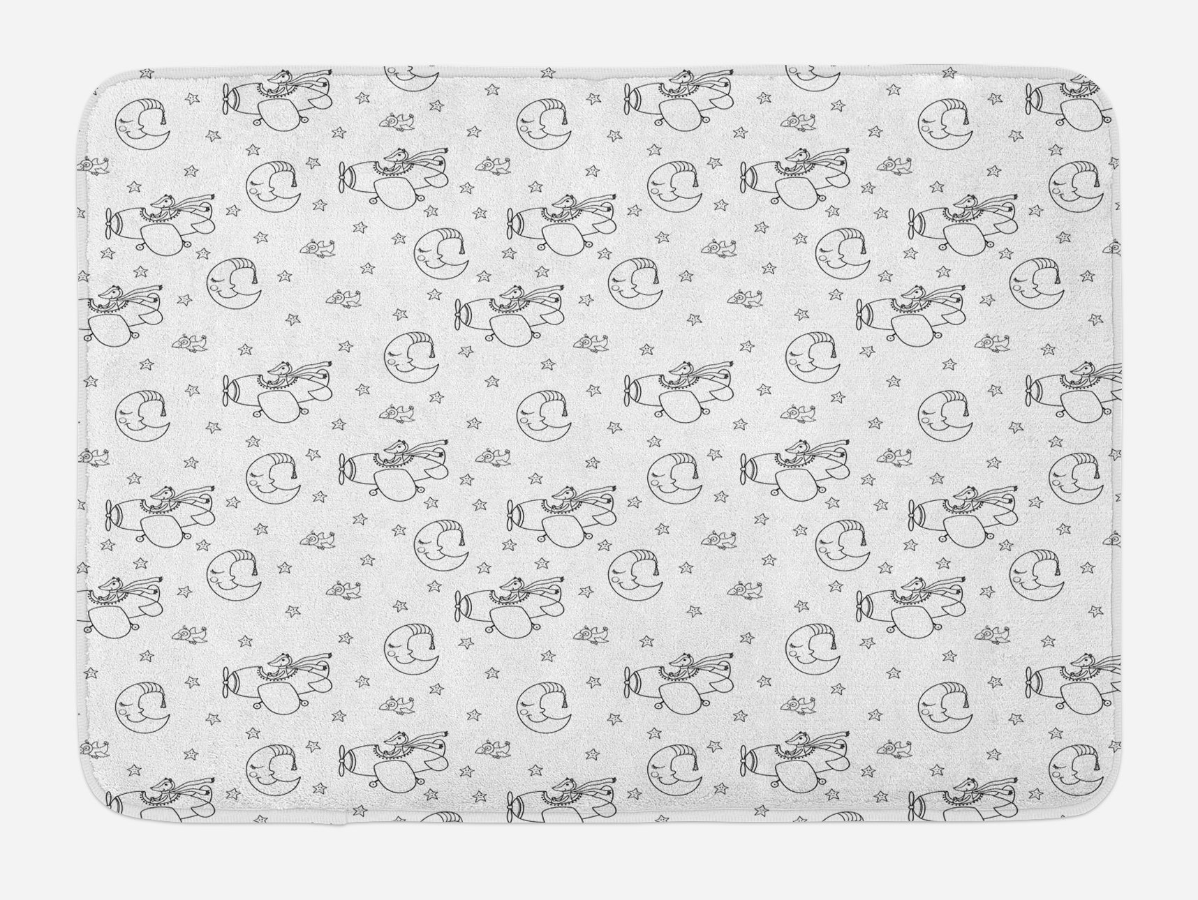 Ambesonne Airplane Bath Mat - Non-Slip Plush Bathroom Rug with Sleeping Crescent Moon, Stars & Fox Pilot Design, 30.2 x 20 Inches, Black & White - Perfect for Kids' Bathrooms, Nursery Decor & Themed Home Accessories