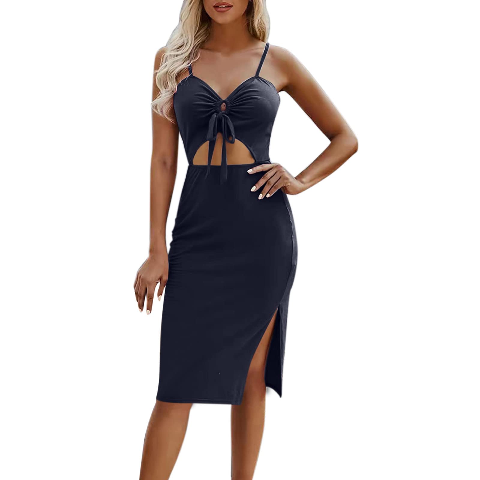 KASAAS Women's Slimming Spaghetti Strap Satin Dress - Tummy Control Hollow Out Cocktail Party & Beach Dress for Evening Events | Perfect for Weddings, Date Nights & Summer Vacations