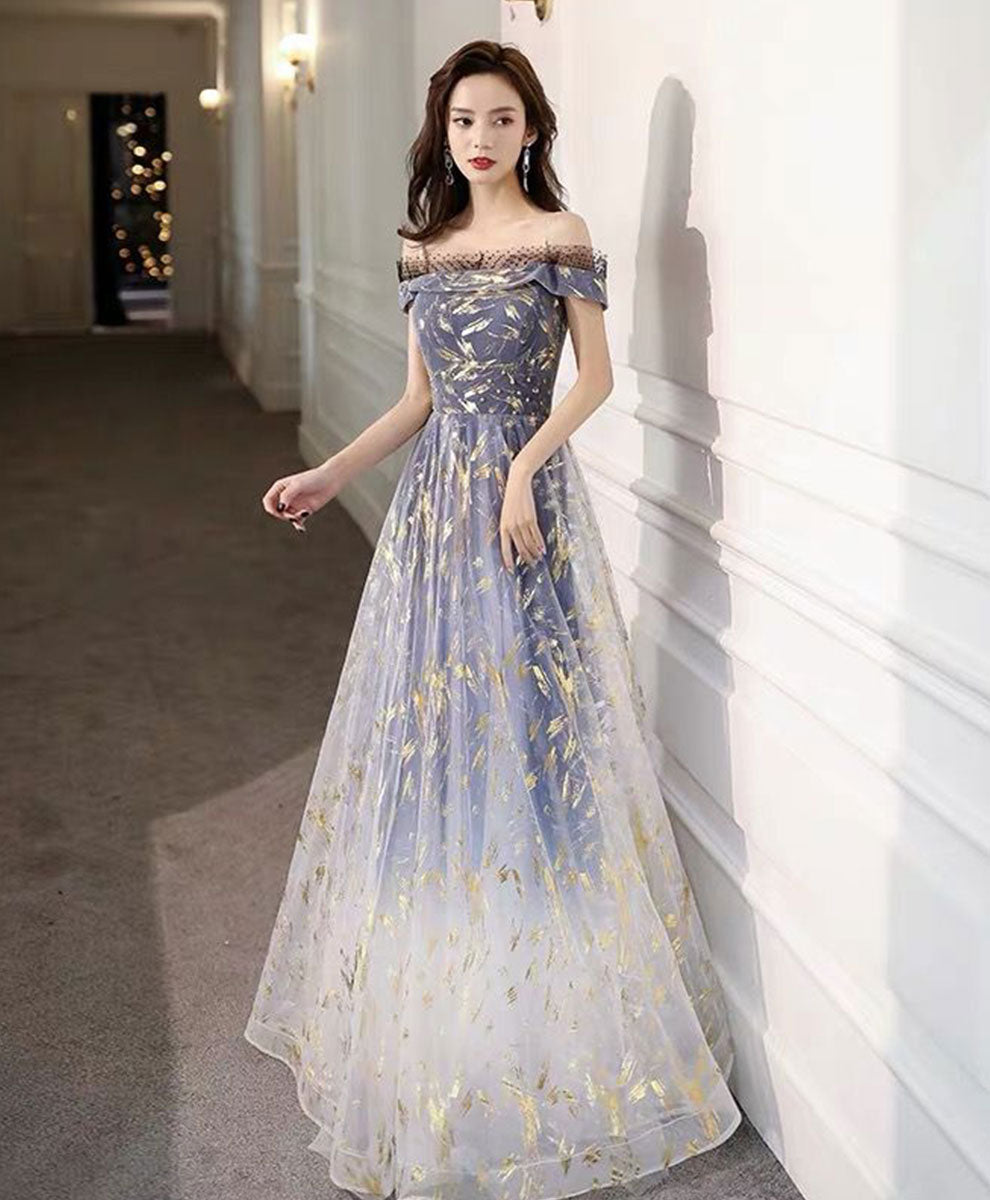 Elegant Blue Tulle Off-Shoulder Lace Long Prom Dress - Formal Evening Gown for Homecoming, Wedding & Special Occasions