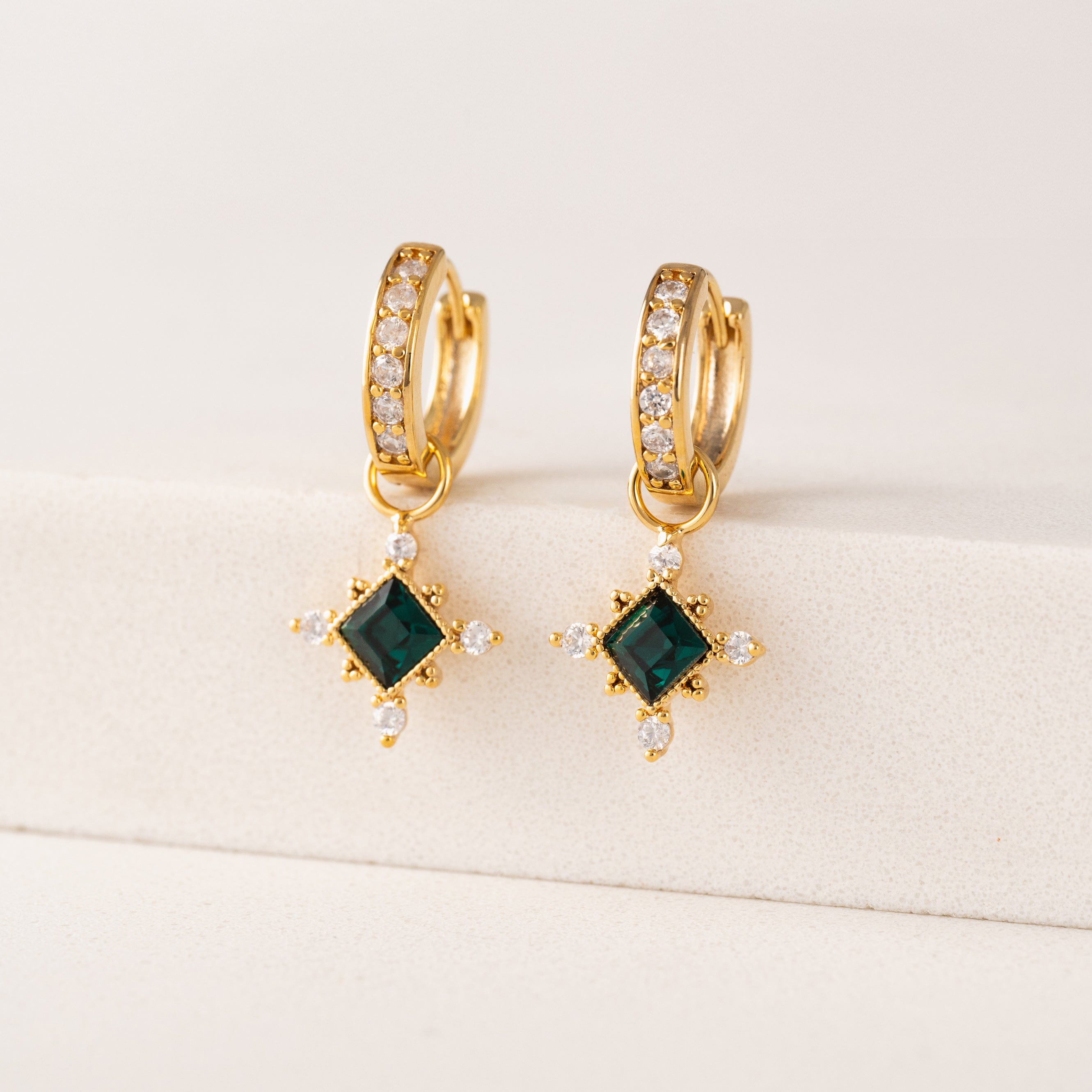 Sierra Emerald Charm Hoop Earrings - Sterling Silver Dangle Earrings for Women | Perfect for Parties, Weddings & Everyday Wear