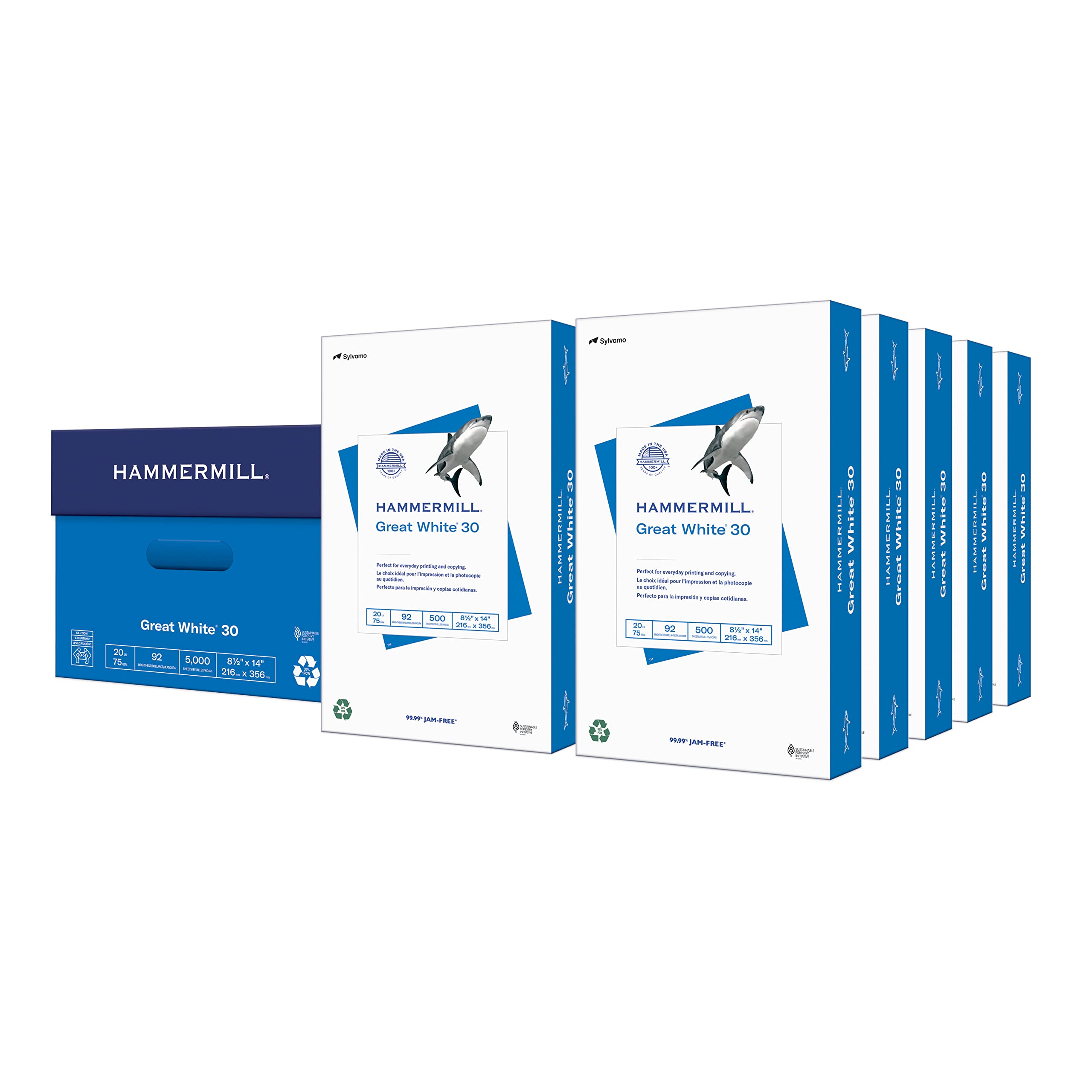 Hammermill Great White 30% Recycled Printer Paper, 8.5 x 14 Inches, 10 Reams (5,000 Sheets), 92 Brightness, Made in USA - Perfect for Office, School, and Home Printing Needs