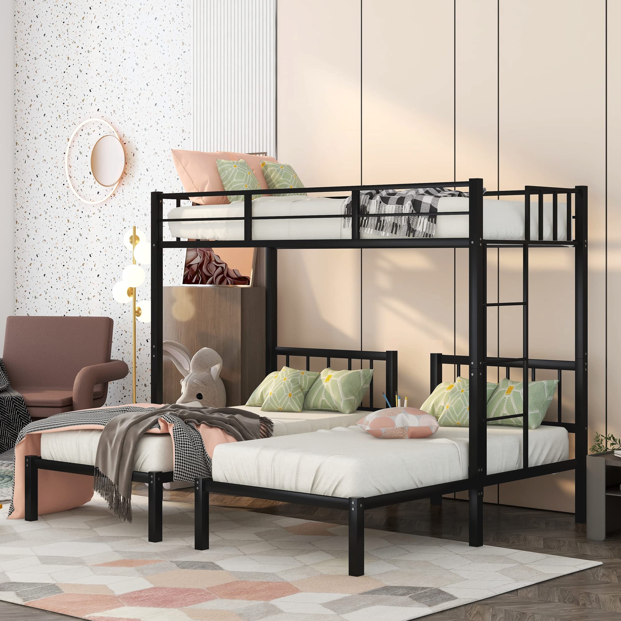 Sturdy Metal Triple Bunk Bed with Safety Guardrails - Twin Over Twin & Twin Bunk Bed for Kids, Teens & Adults - Convertible to 3 Separate Twin Beds - Space-Saving Black Bedroom Furniture - Perfect for Dorms, Shared Kids' Rooms & Small Apartments