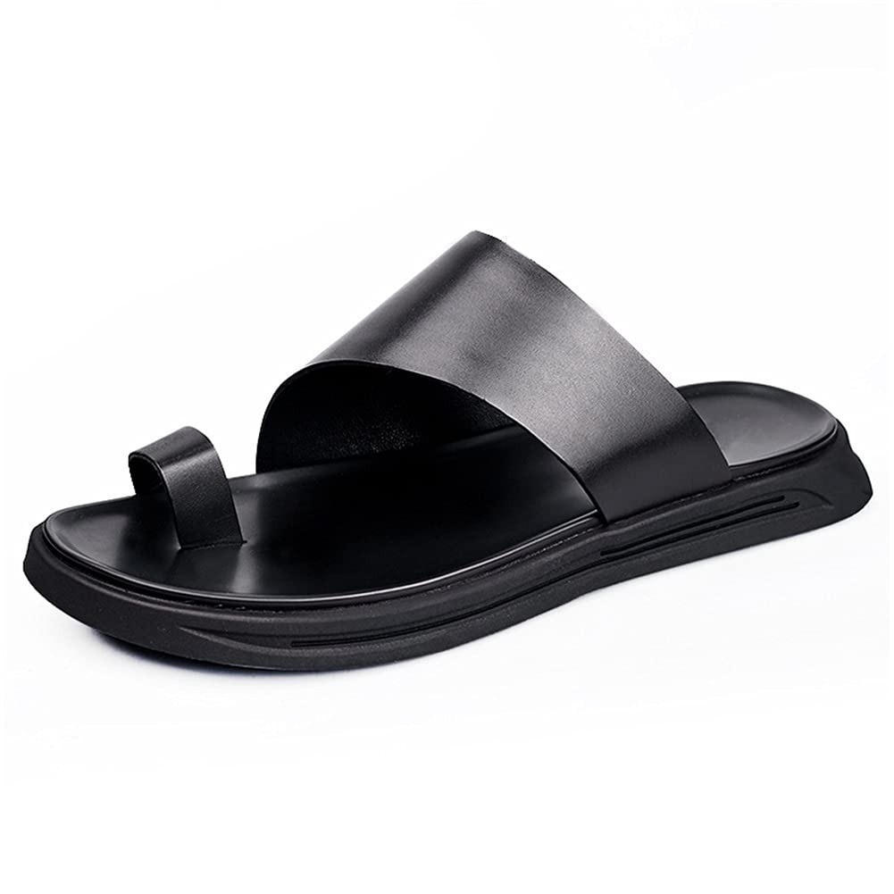 Premium Men's Leather Bottom Flip Flops - Non-Slip Summer Beach Sandals for Casual Wear & Outdoor Activities | Comfortable Rubber Slippers for Students, Vacation & Poolside Relaxation (Black, Size 43)