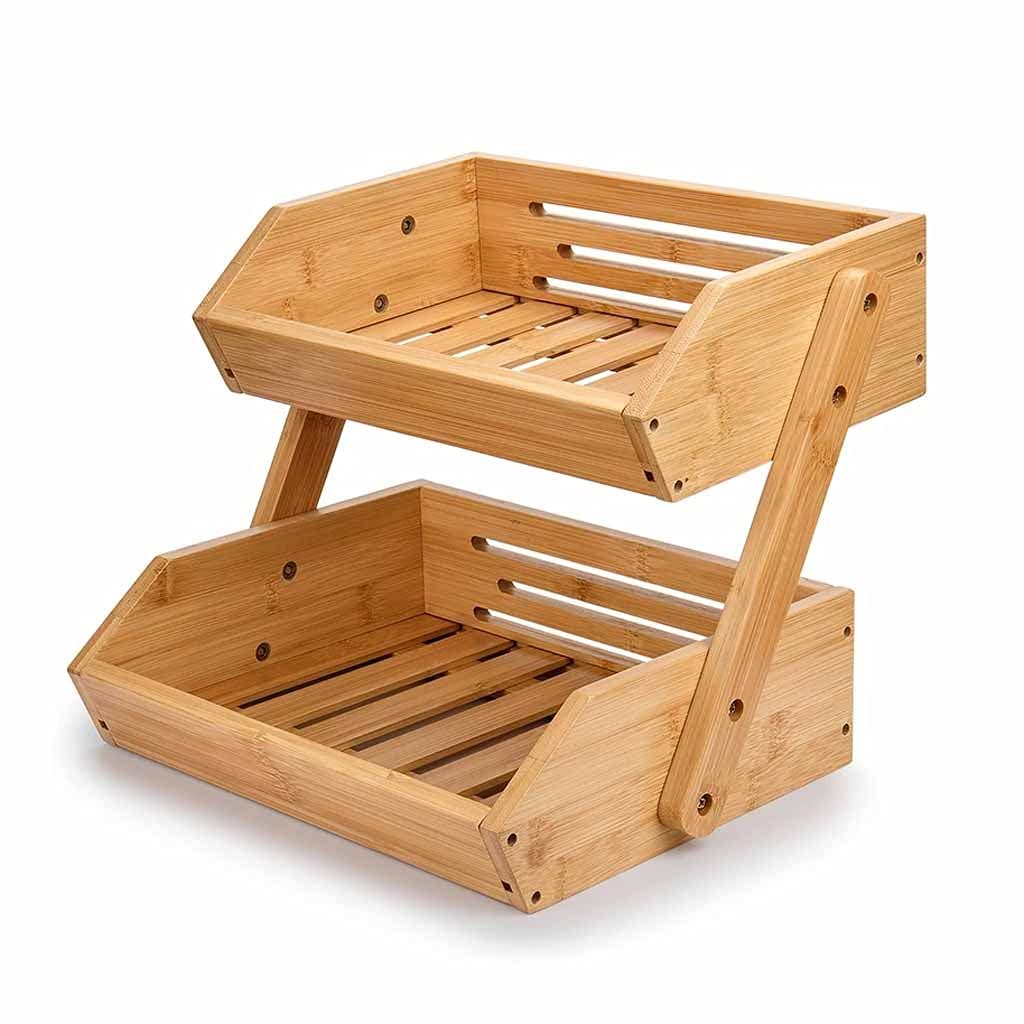 WPYYI 2-Tier Bamboo Fruit Basket - Breathable Removable Food Storage Container for Kitchen, Countertop - Perfect for Organizing Fresh Fruits, Vegetables, and Snacks at Home or Office