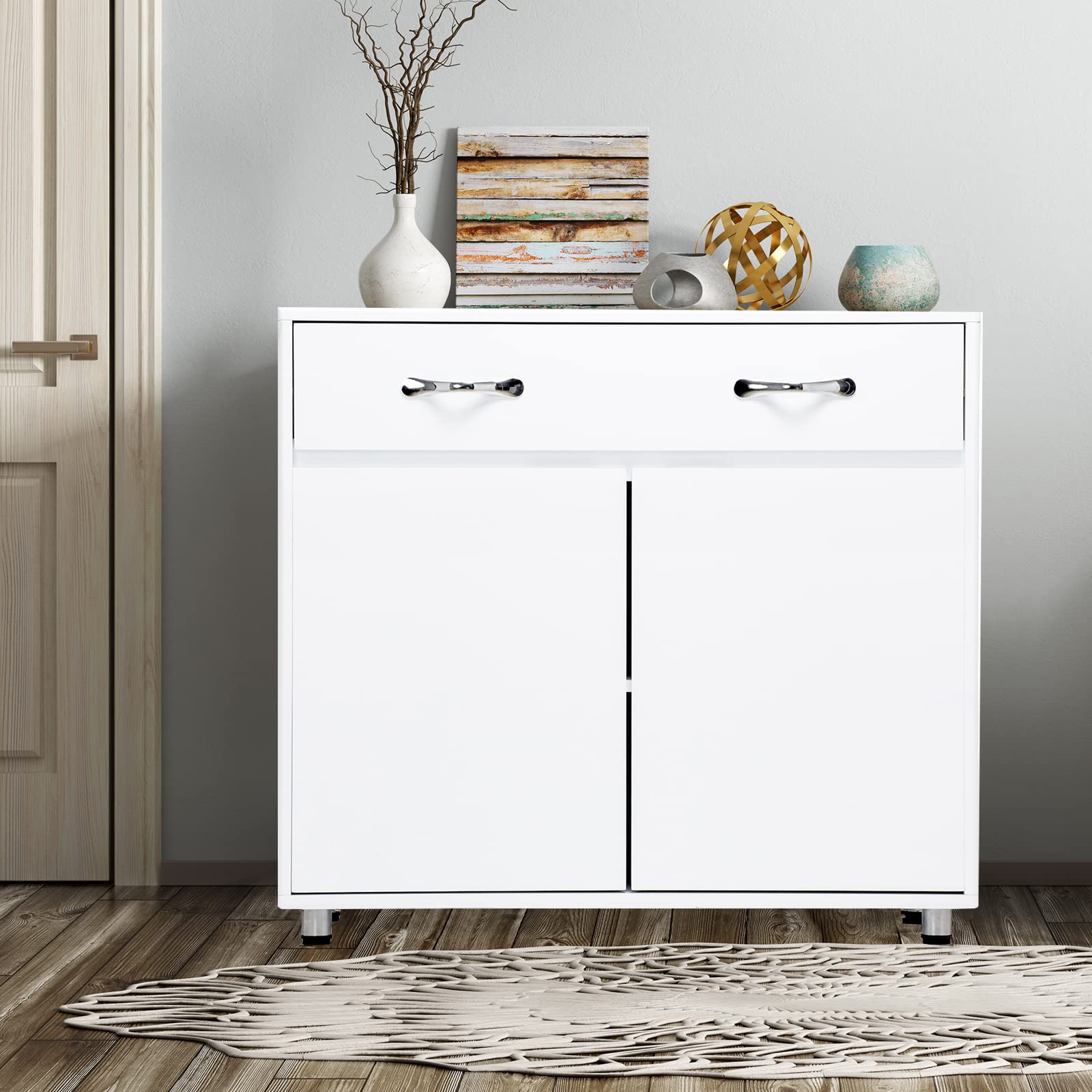 White Storage Cabinet with 2 Doors & Large Drawer - Kitchen Pantry Organizer, Bathroom & Laundry Room Furniture - Perfect for Living Room, Bedroom & Home Storage Solutions