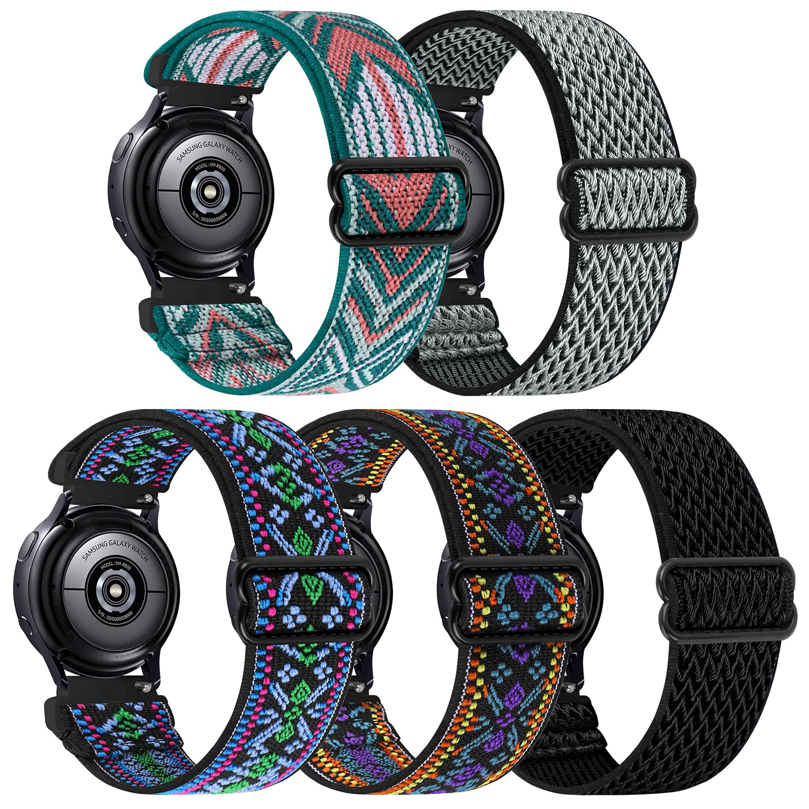 5 Pack Stretchy Nylon Watch Bands for Samsung Galaxy Watch Active 2 40mm 44mm/Active 40mm/Galaxy Watch 3 41mm/42mm/Gear S2/Watch 4/Watch 5 - 20mm Breathable Fabric Wristband MZF for Workout, Running & Daily Wear