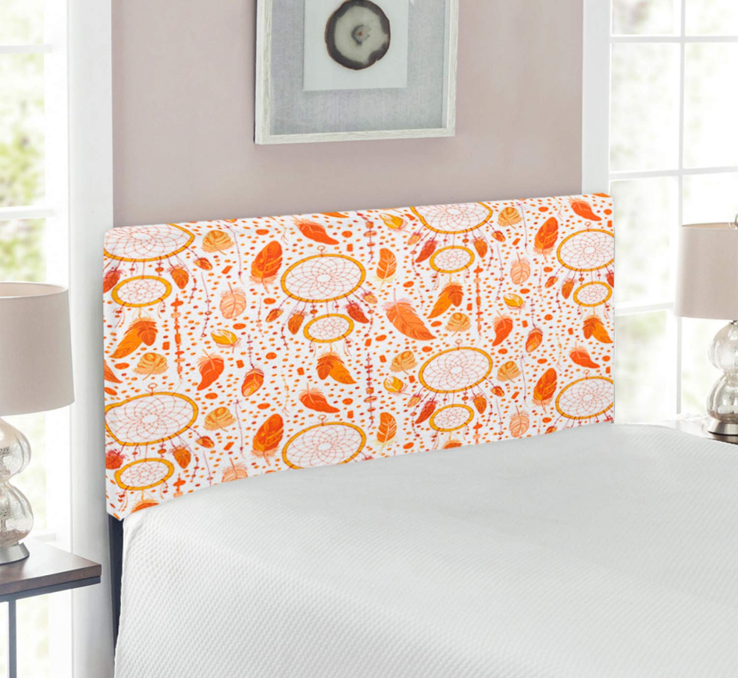 Ambesonne Tribal Headboard with Dreamcatcher Design - Upholstered Decorative Metal Bed Frame with Memory Foam - Twin Size in Orange & White - Perfect for Bohemian & Native American Style Bedrooms
