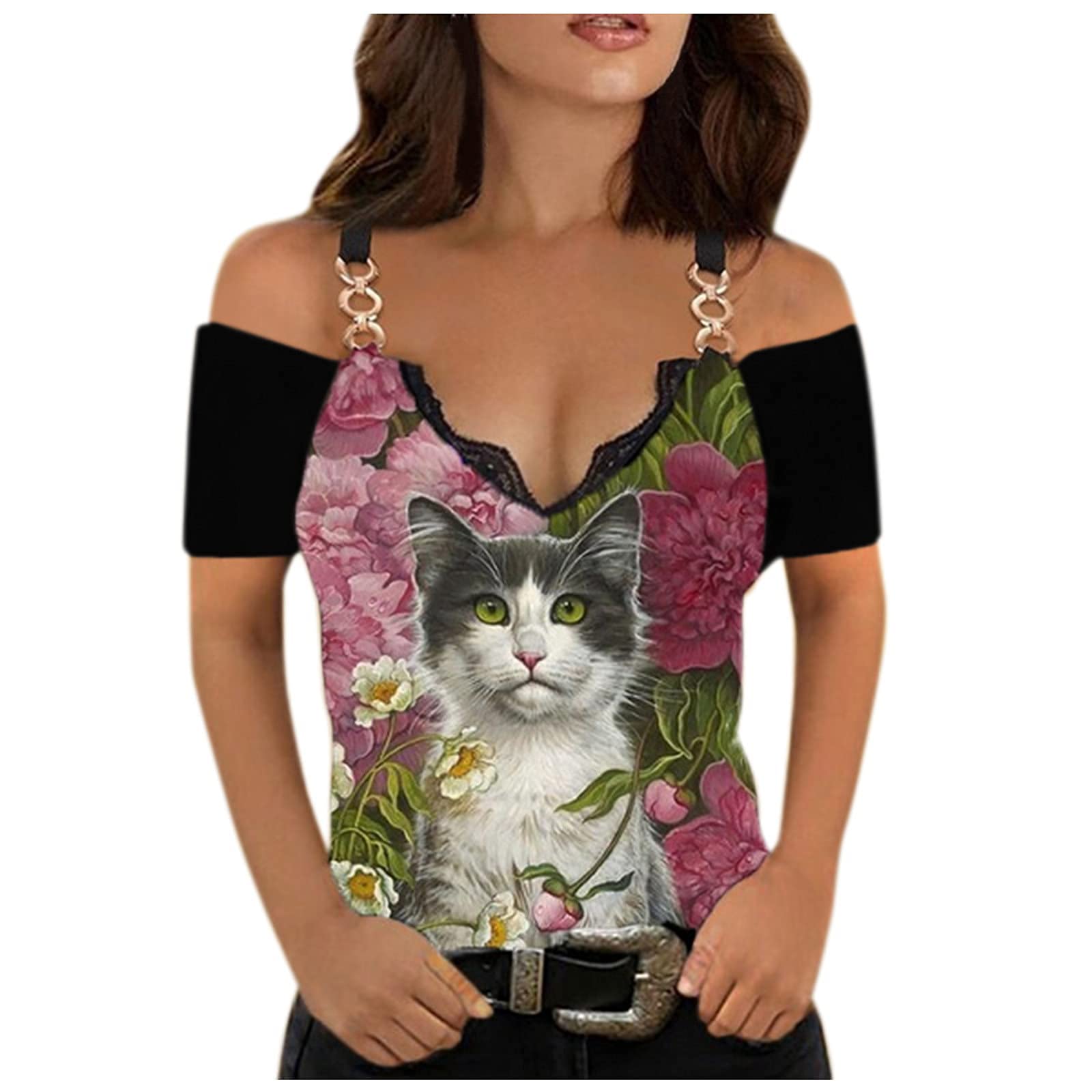 Trendy Women's Floral Print V-Neck Loose Tunic Top - Casual Short Sleeve Blouse for Summer Outfits, Beach Wear & Daily Fashion