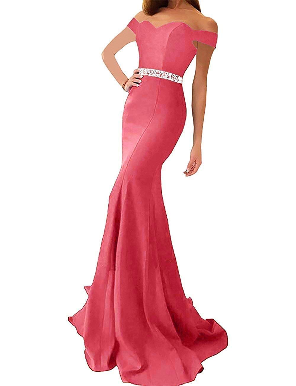 Honeydress Women's Off Shoulder Beaded Satin Mermaid Formal Dress Long Prom Gown with Train - Elegant Evening Gown for Weddings, Galas & Special Occasions