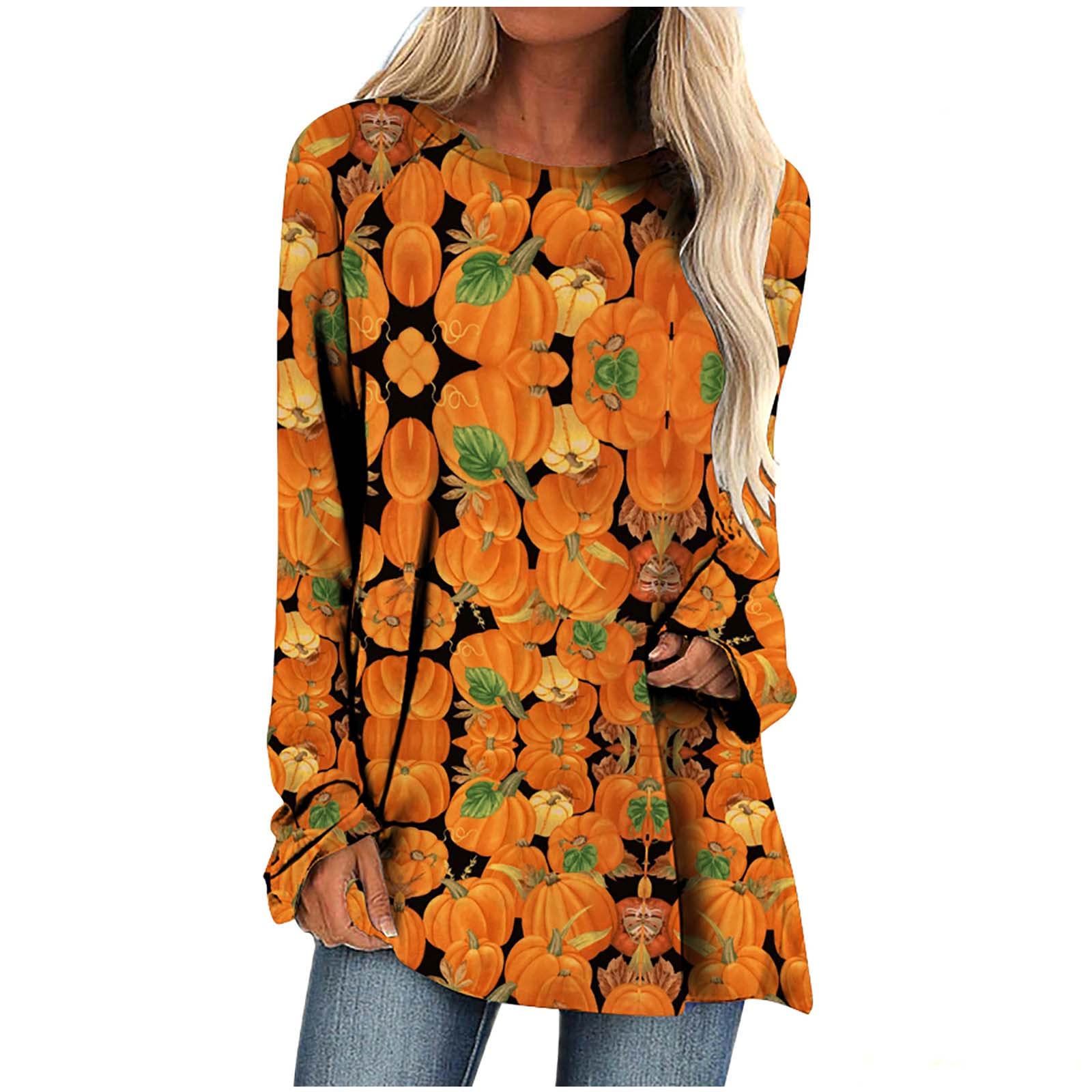 Women's Halloween Pumpkin Print Sweatshirt - Long Sleeve Crewneck Pullover, Plus Size Loose Fit Top for Fall & Spooky Season | Perfect for Costume Parties, Trick-or-Treating & Cozy Autumn Outfits