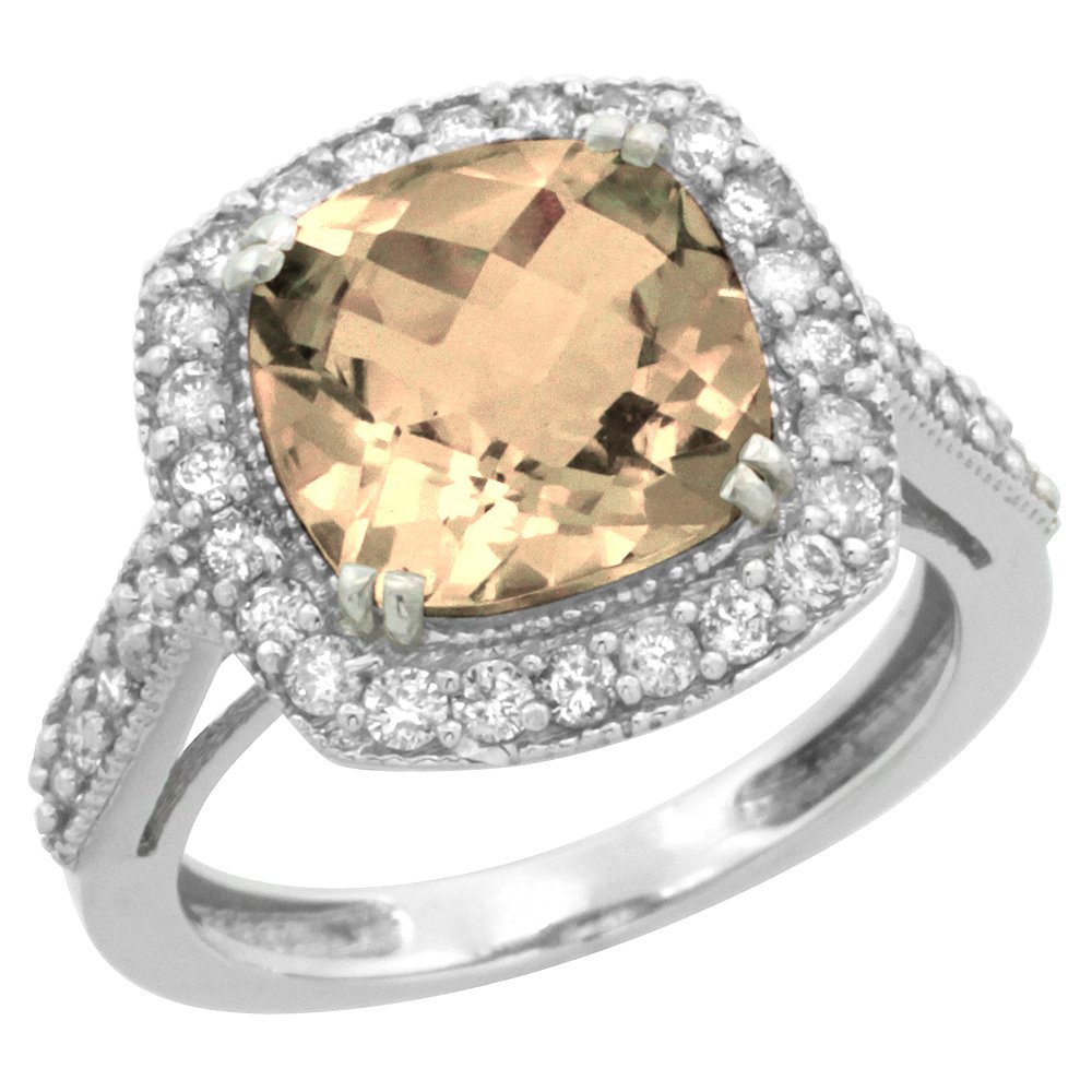 14K White Gold Natural Morganite Ring with Cushion-Cut 9x9mm Morganite & Diamond Halo - Sizes 5-10 - Perfect for Engagement, Wedding, Anniversary & Special Occasions