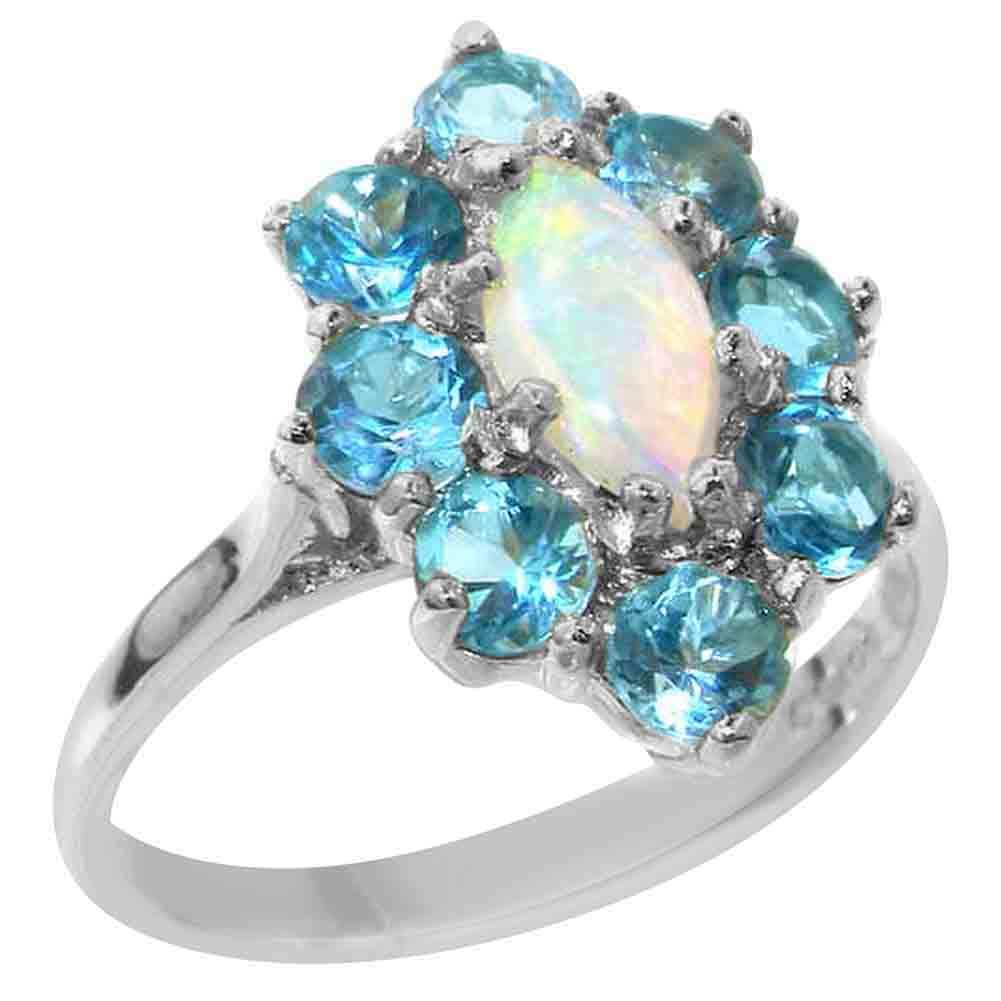 9K White Gold Natural Opal & Blue Topaz Women's Statement Ring - Size 7 | Elegant Jewelry Gift for Birthday, Anniversary & Special Occasions