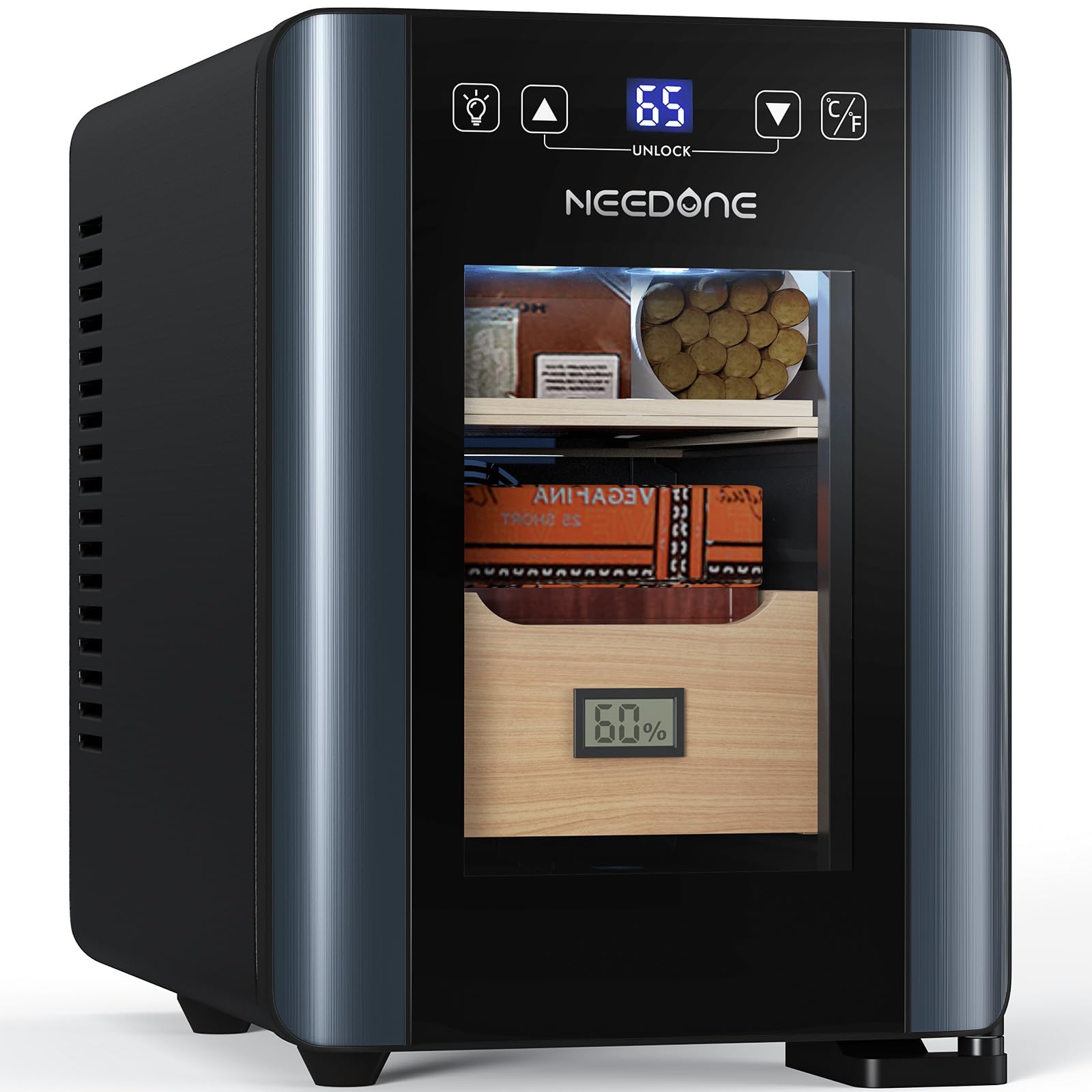NEEDONE 8L Electric Cigar Humidor with Heating & Cooling Control - Thermostatic Quiet Cooler Cabinet for 80 Cigars - Spanish Cedar Wood Shelves & Drawer with Hygrometer - Perfect Gift for Men & Cigar Enthusiasts - Ideal for Home, Office & Cigar Lounge Storage