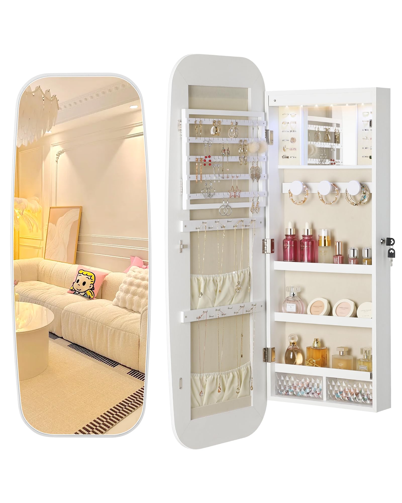 Nicetree LED Mirror Jewelry Cabinet with Lock - Wall/Door Mounted Jewelry Organizer with 2 Drawers & Interior Mirror - White Jewelry Storage Armoire for Bedroom, Bathroom & Dressing Room