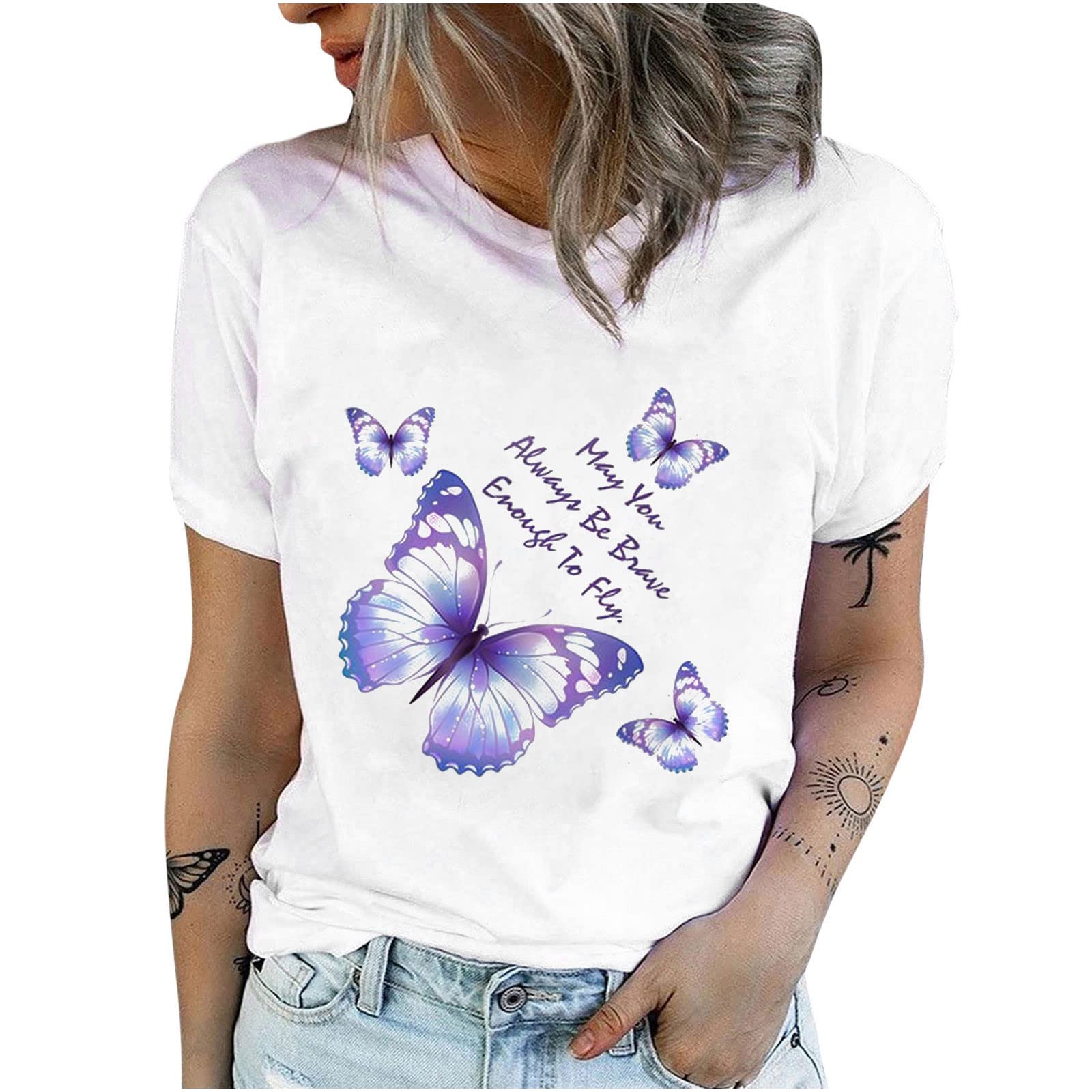 Women's Butterfly Print Crewneck T-Shirt - Cute Graphic Short Sleeve Stretchy White Modal Top for Casual Wear & Summer Outfits