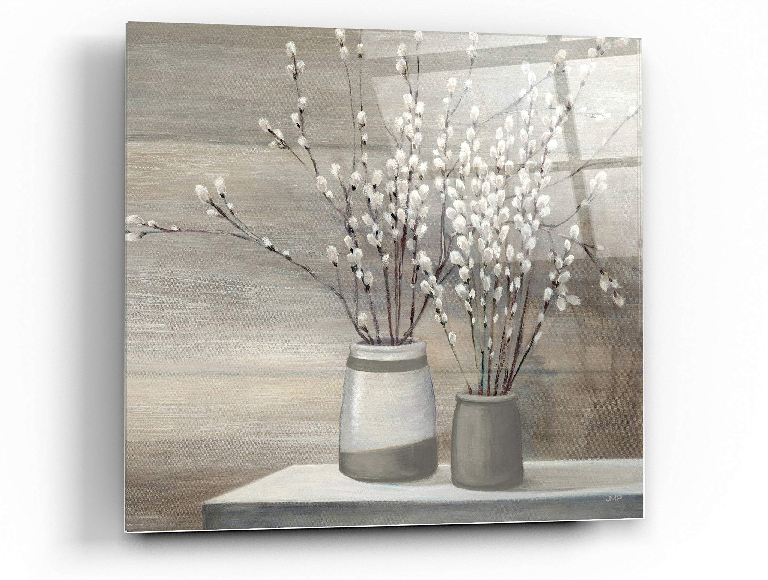 Julia Purinton 'Pussy Willow Still Life Gray Pots' Acrylic Glass Wall Art - 24x24 Inches Modern Home Decor for Living Room, Bedroom & Office