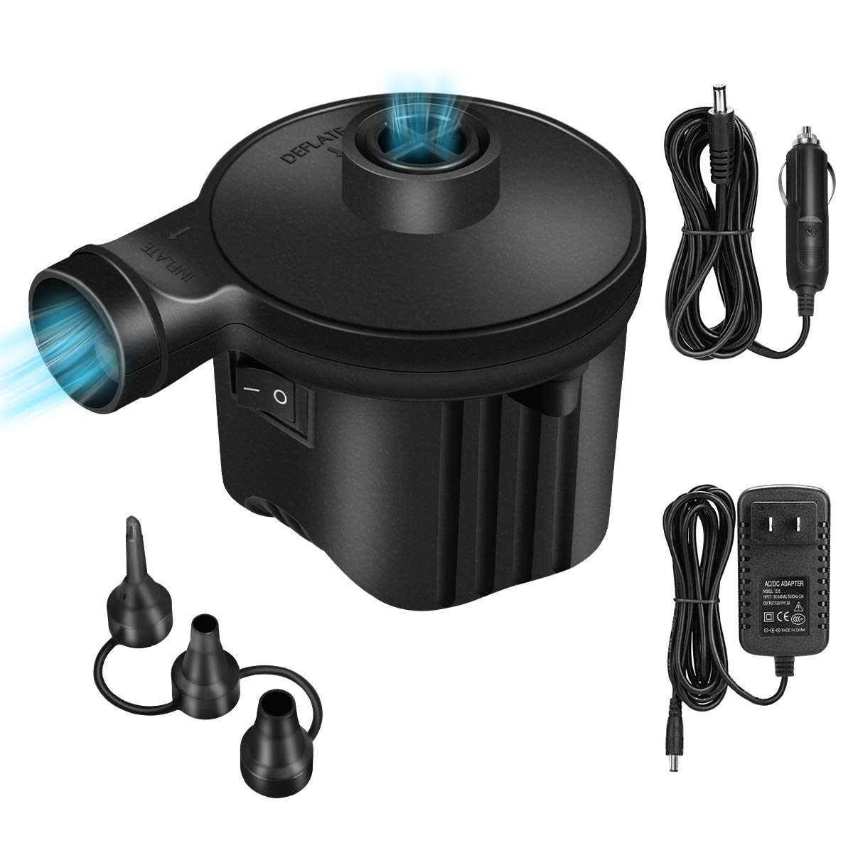 60W Electric Air Pump with 3 Nozzles - Fast Inflator for Air Mattress, Pool Floats, Airbeds & Inflatable Boats - Perfect for Camping, Beach Trips and Home Use