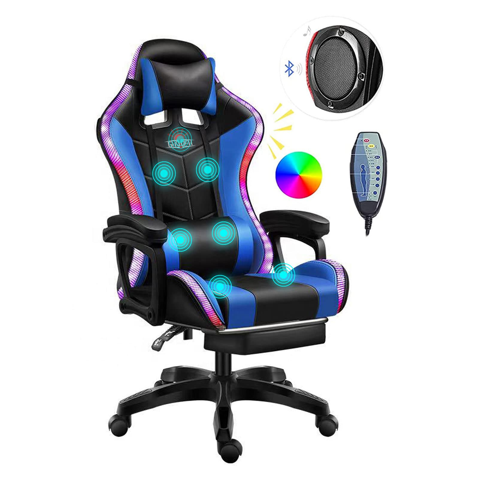 Ergonomic Gaming Chair with Bluetooth Speakers & LED Lights - Adjustable Lumbar Massage Support, Retractable Footrest - Blue Computer Chair for Esports & Home Office Use