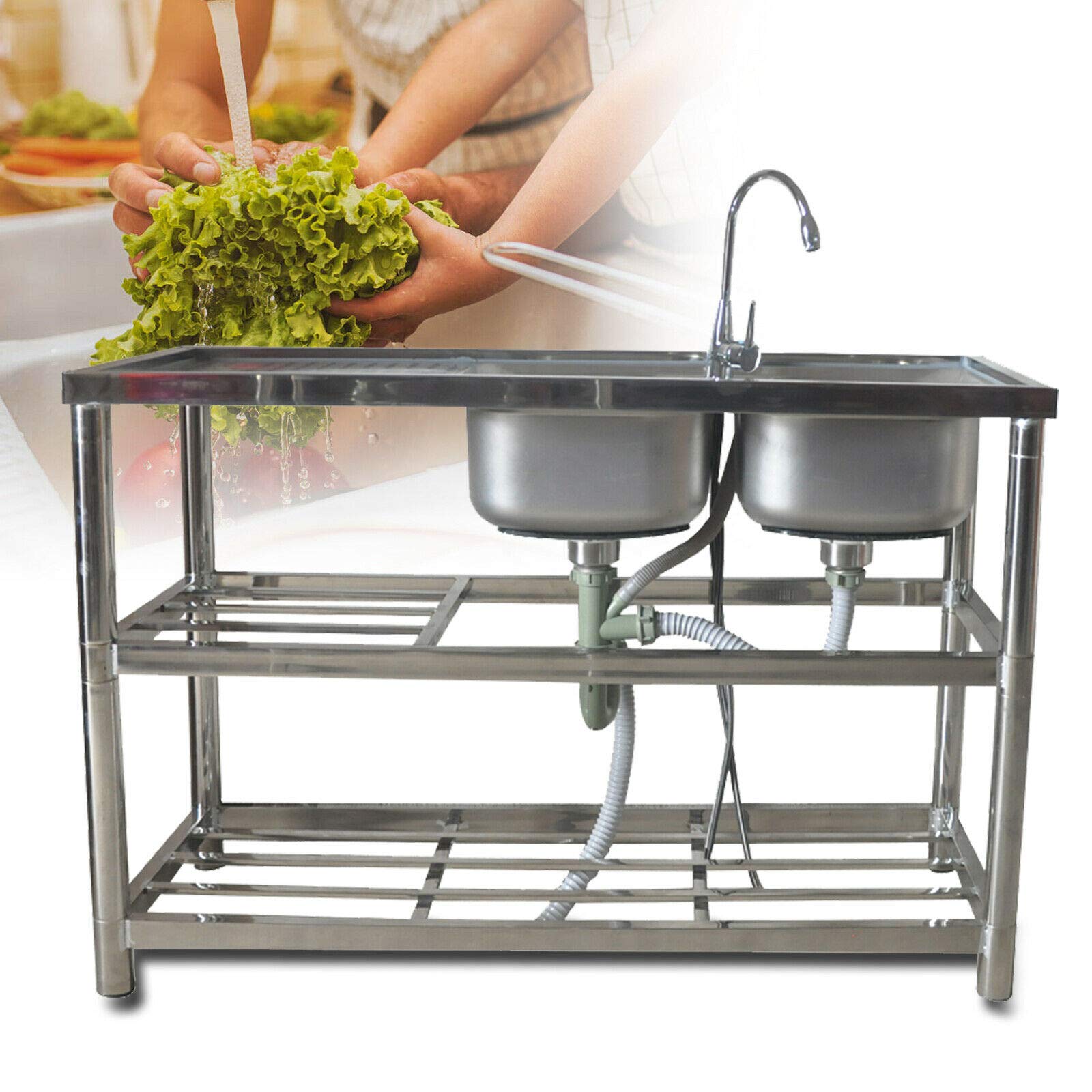 DNYSYSJ 304 Stainless Steel 2-Bowl Commercial Kitchen Sink with Dual Drainers & Shelves, Freestanding Utility Sink for Restaurants, Food Prep, and Heavy-Duty Use