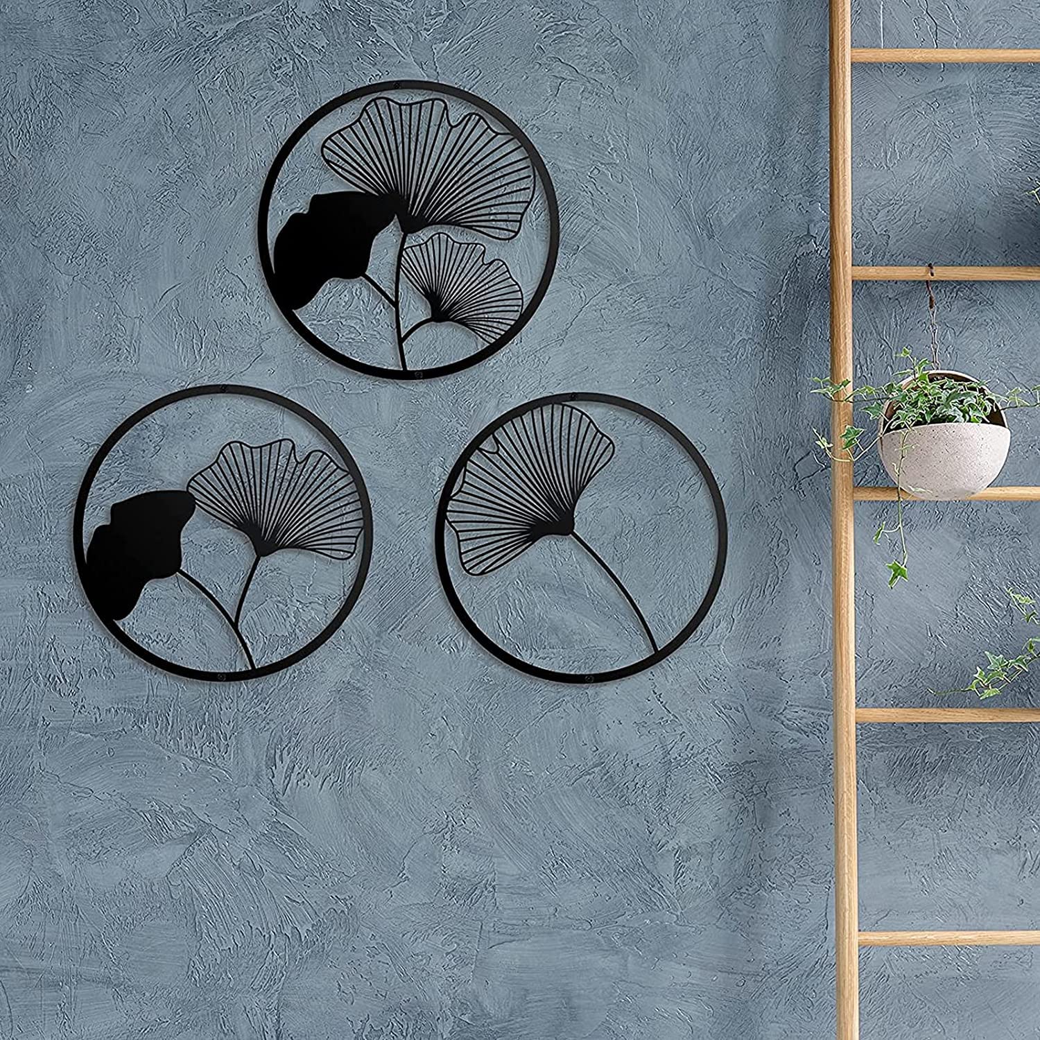 3 Pcs Modern Ginkgo Leaves Wall Art Sculpture - Black Metal Ginkgo Leaf Wall Decor, 60CM/24IN - Creative Hanging Wall Art for Living Room, Bedroom, Office Decoration