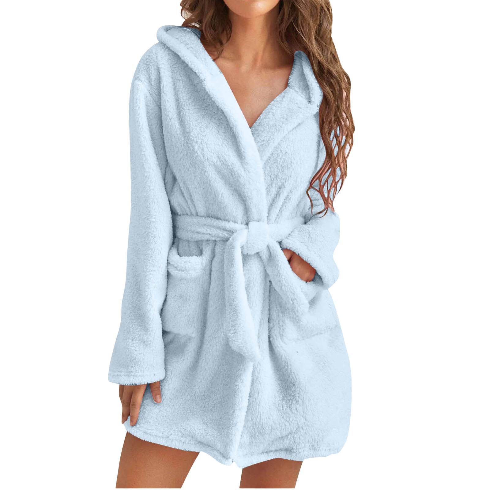 Women's Soft Solid Color Long Sleeve V-Neck Winter Fleece Nightgown with Pockets - Cozy Faux Velvet Sleepwear Dress for Cold Nights & Lounge Wear