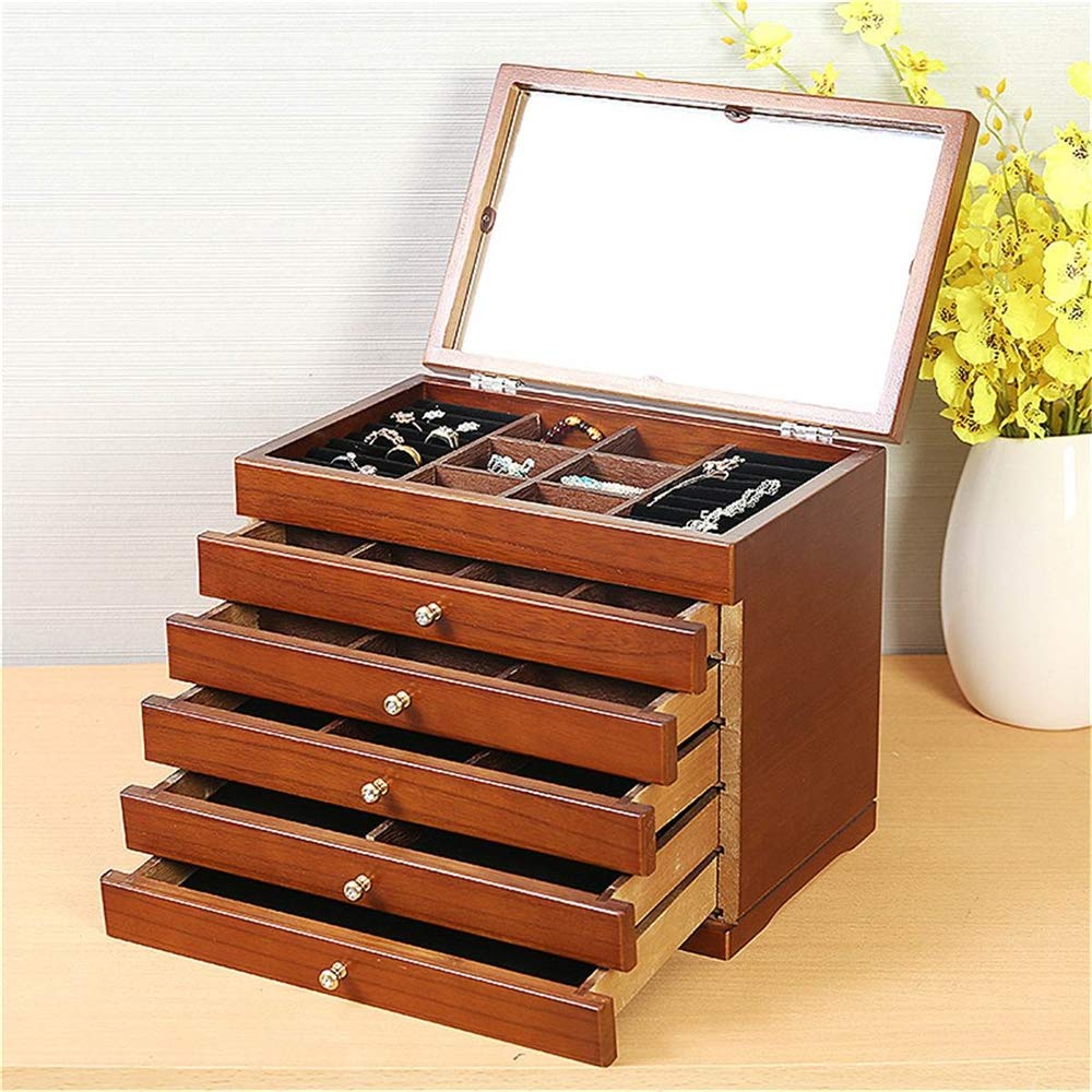 6-Tier Wooden Jewelry Organizer Box - White/Brown Multi-Layer Earring & Ring Display Case with Gift Box | Perfect for Bedroom Vanity, Dresser Top & Jewelry Store Display