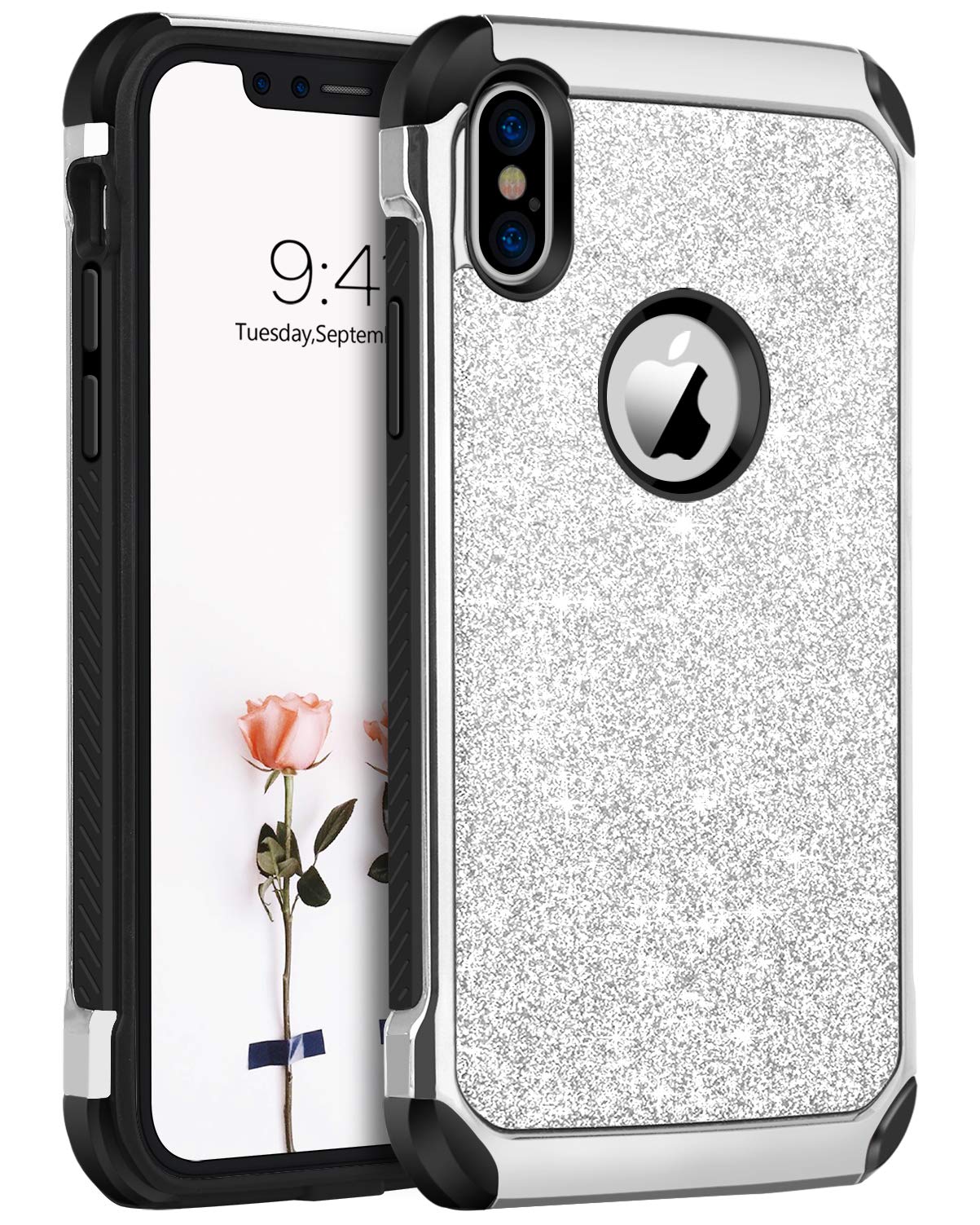 BENTOBEN Shockproof Glitter Sparkle iPhone X/Xs Case - 2-in-1 Hybrid Protective Cover with Faux Leather & Hard PC Bumper for Women (5.8