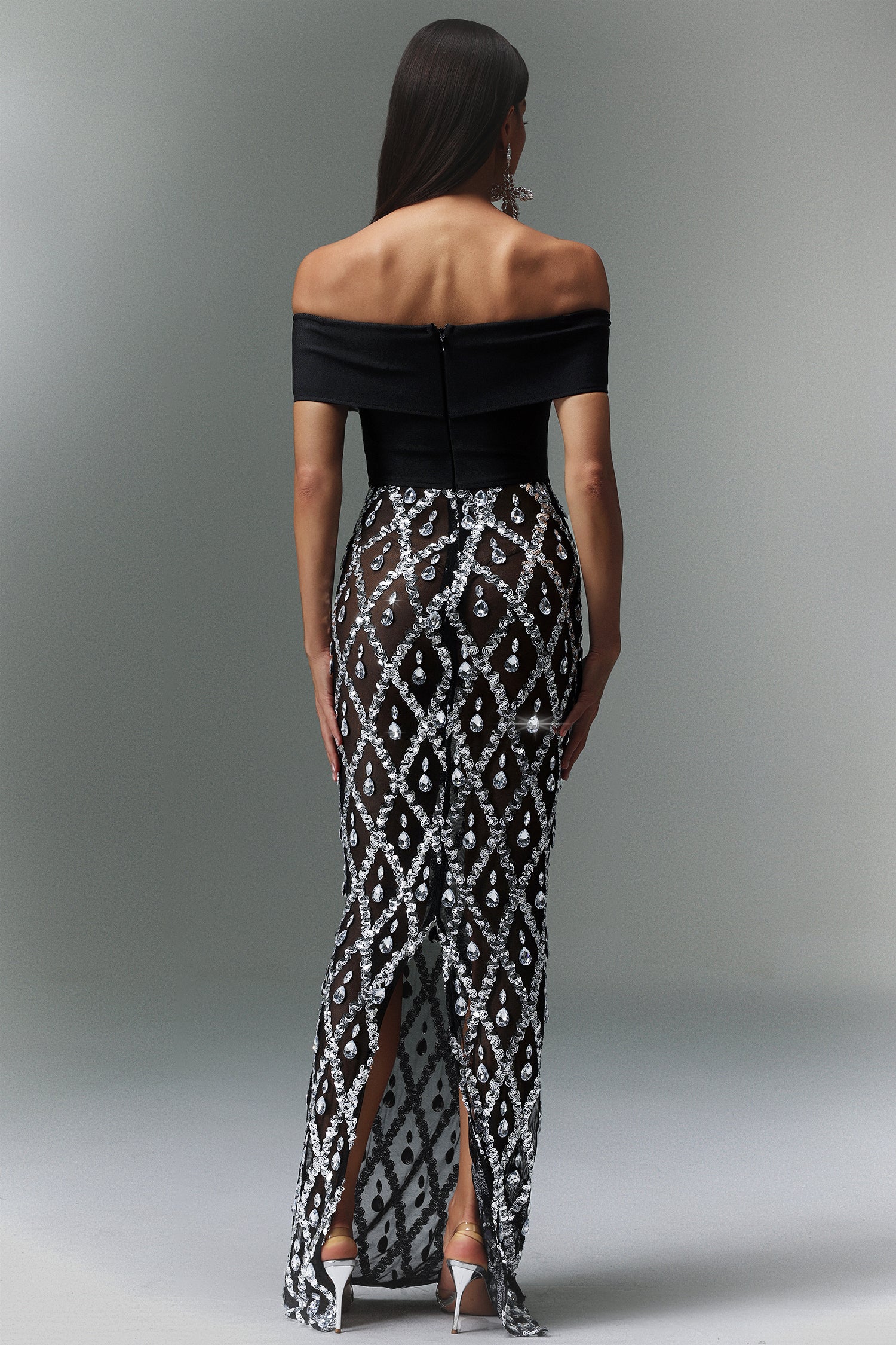 Masaka Off The Shoulder Diamond Maxi Dress for Women - Elegant Long Formal Evening Gown with Rhinestone Details - Perfect for Prom, Wedding, Cocktail Party & Special Occasions
