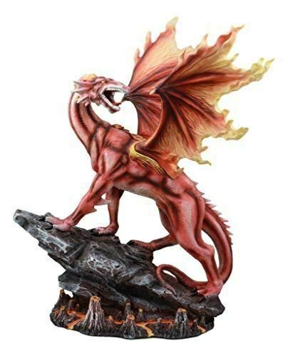 Large Red Magma Lava Smaug Dragon Statue on Volcanic Rock - 16.5 Inch Tall Fantasy Collectible Figurine for Home Decor, Game Room, and D&D Display