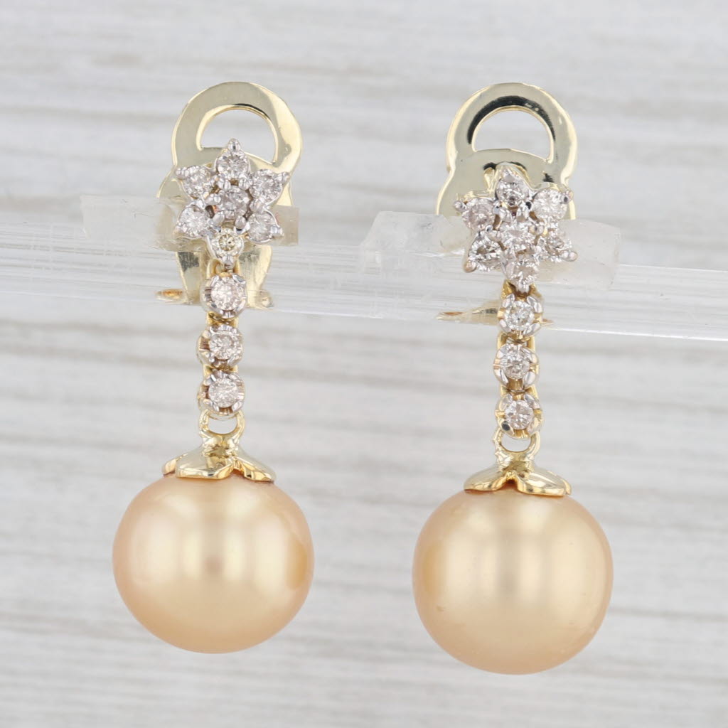 0.38ctw Diamond & Cultured Golden Pearl Dangle Earrings - 14k Yellow Gold Jewelry for Women - Perfect for Weddings, Parties & Special Occasions