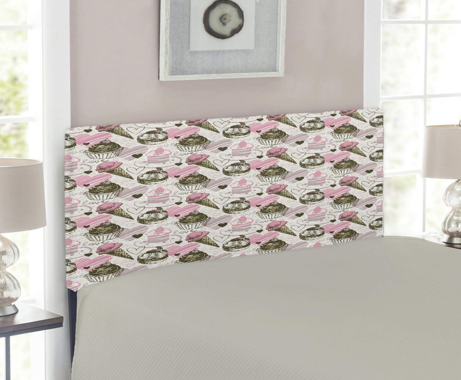 Ambesonne Ice Cream Headboard - Grunge Style Cupcakes with Heart Love Romance Design, Upholstered Metal Bed Headboard with Memory Foam, Twin Size in Army Green & Pale Pink - Perfect for Teen Bedrooms & Boho Chic Decor