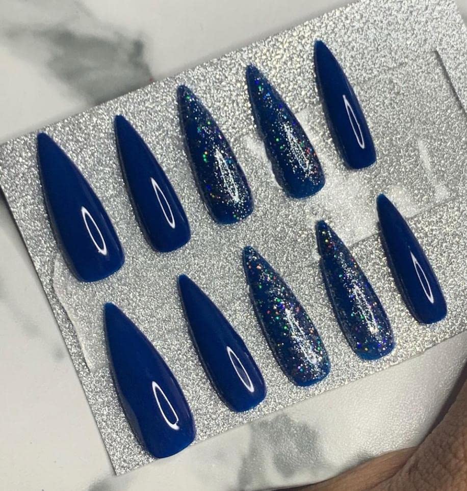 Lightweight Multi-Color Glossy Press-On Nails Set - Pack of 10 Artificial Fake Nails for Women | Shiny Royal Blue Design | Easy Application, Reusable & Durable | Perfect for Parties, Weddings & Special Occasions