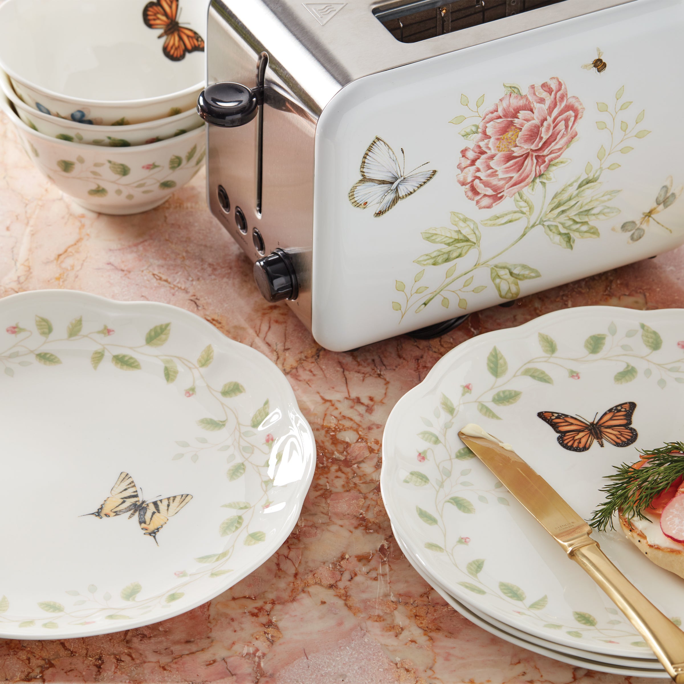 Butterfly Meadow Vines Rice Bowls Set of 4 - Ceramic Dinnerware for Asian Cuisine, Home Dining & Party Serving | Microwave & Dishwasher Safe