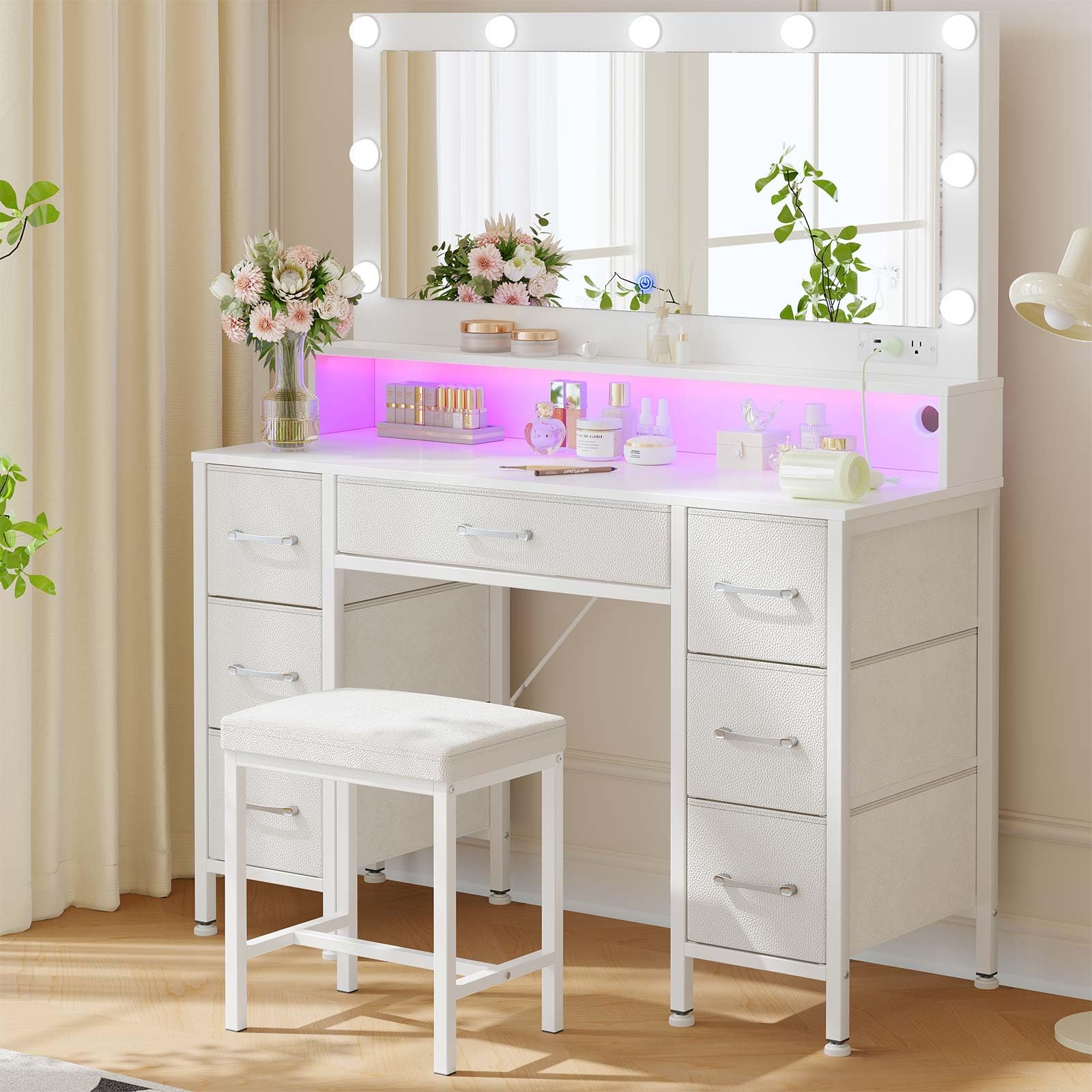 Rolanstar White Vanity Desk with Mirror & LED Lights - Makeup Vanity Set with Upholstered Stool, 7 Fabric Drawers, 9 Dimmable Bulbs & Power Outlets - Bedroom Vanity with RGB Strip Lights for Makeup, Dressing & Home Decor