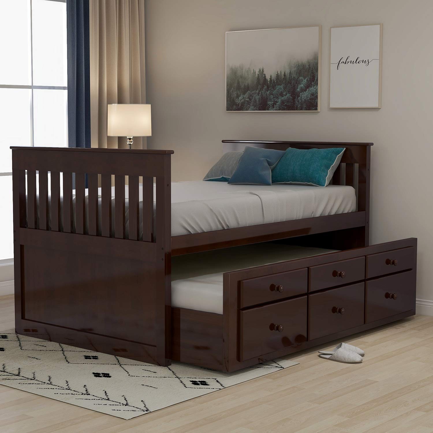 Rhomtree Twin Daybed with Trundle - 3 Storage Drawers Platform Bed Frame with Headboard & Footboard - Dark Espresso Kids Bed for Small Spaces, Guest Rooms & Dormitories