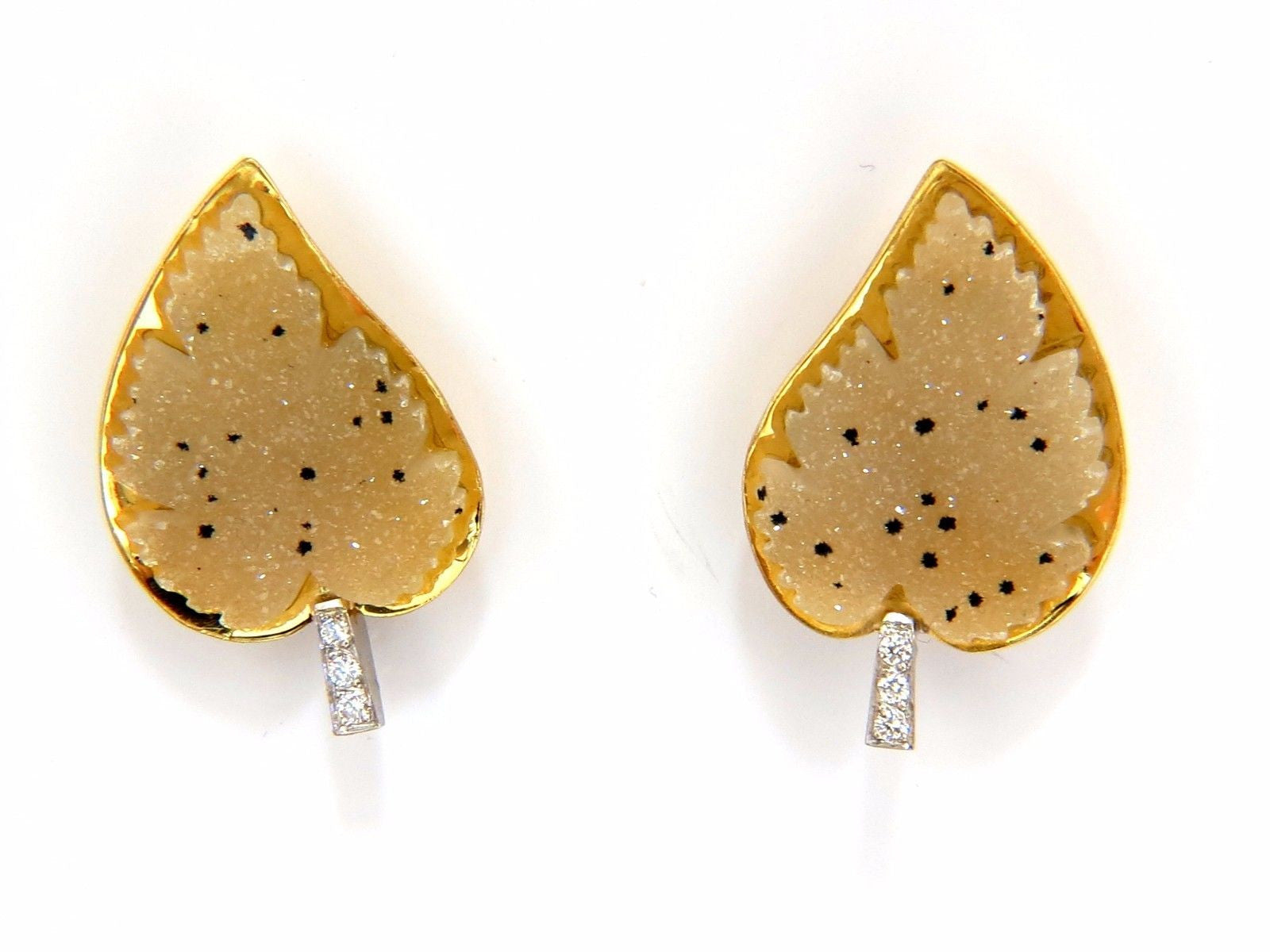18Kt Gold 0.25ct Diamond Matrix Quartz Rough Slice Leaf Earrings with Omega Back - Elegant Nature-Inspired Jewelry for Women, Perfect for Weddings, Parties & Special Occasions