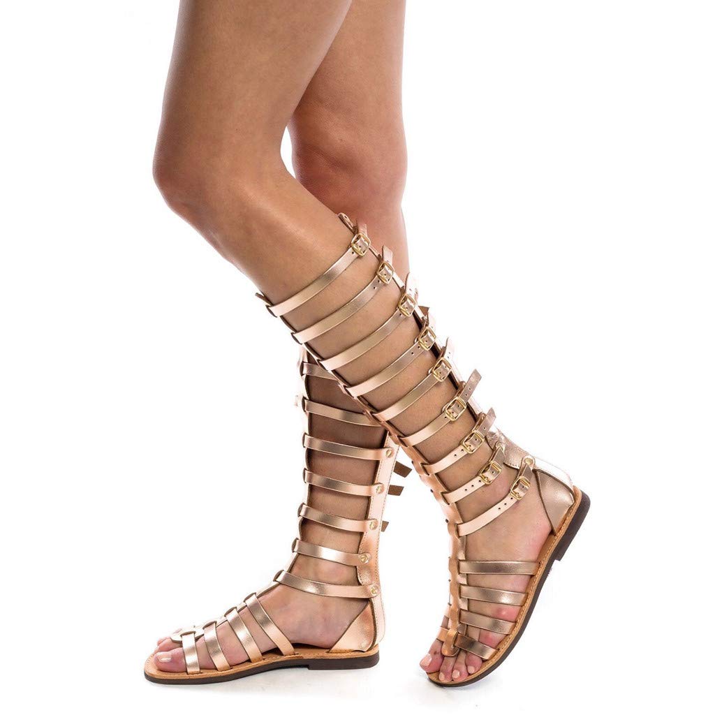 Animeify Women's Knee High Gladiator Sandals - Roman Style Open Toe Flat Sandals for Summer | Perfect for Cosplay, Festival Outfits & Boho Fashion