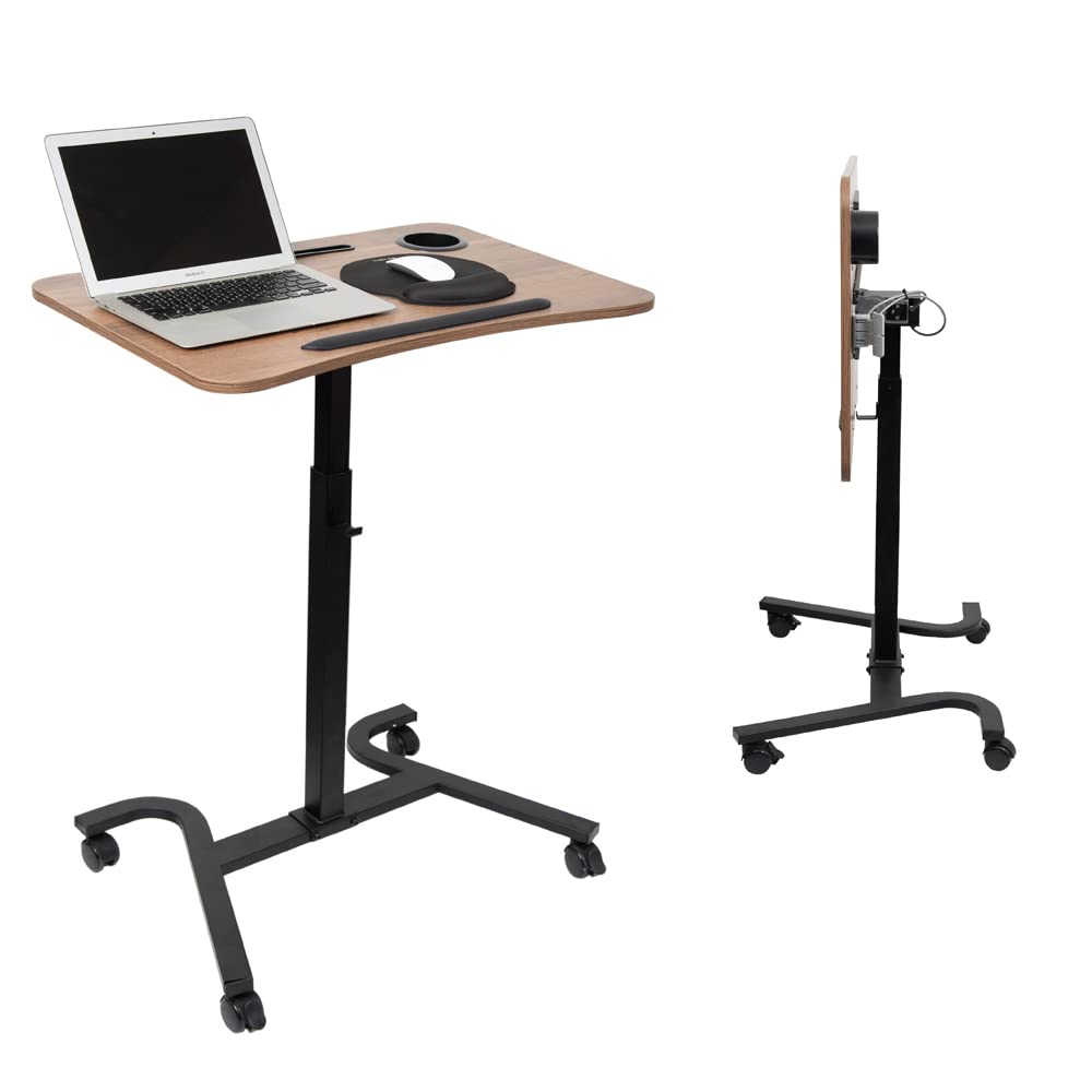 Adjustable Height Portable Laptop Desk - Rolling Mobile Workstation with Tilting Tabletop for Home Office, Classroom & School Use - Ergonomic Standing Desk Cart with Pneumatic Lift - Wooden Podium for Work, Study & Presentations