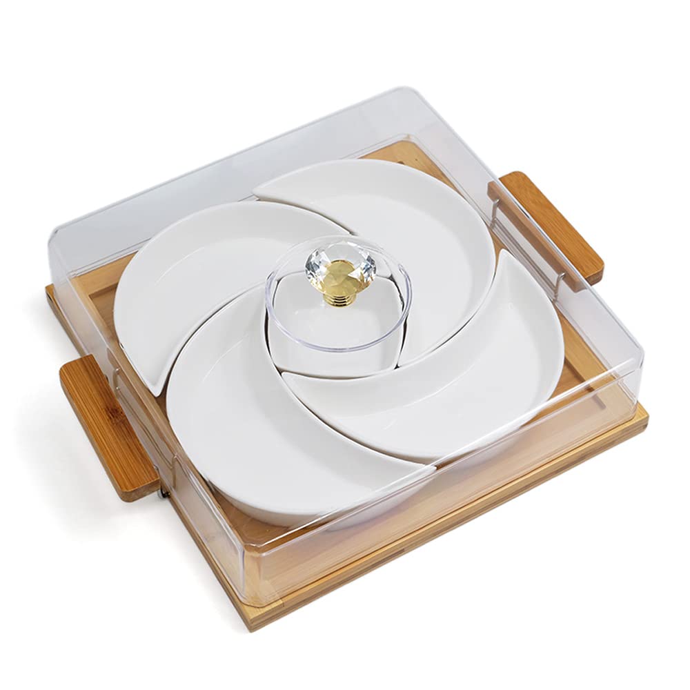 JJRPPFF Ceramic Serving Set with Lid - Square Bamboo Tray & Compartment for Fruits, Snacks, Candy, Desserts | Includes 4 Free Fruit Forks | Perfect for Party Platters, Appetizer Displays & Home Entertaining