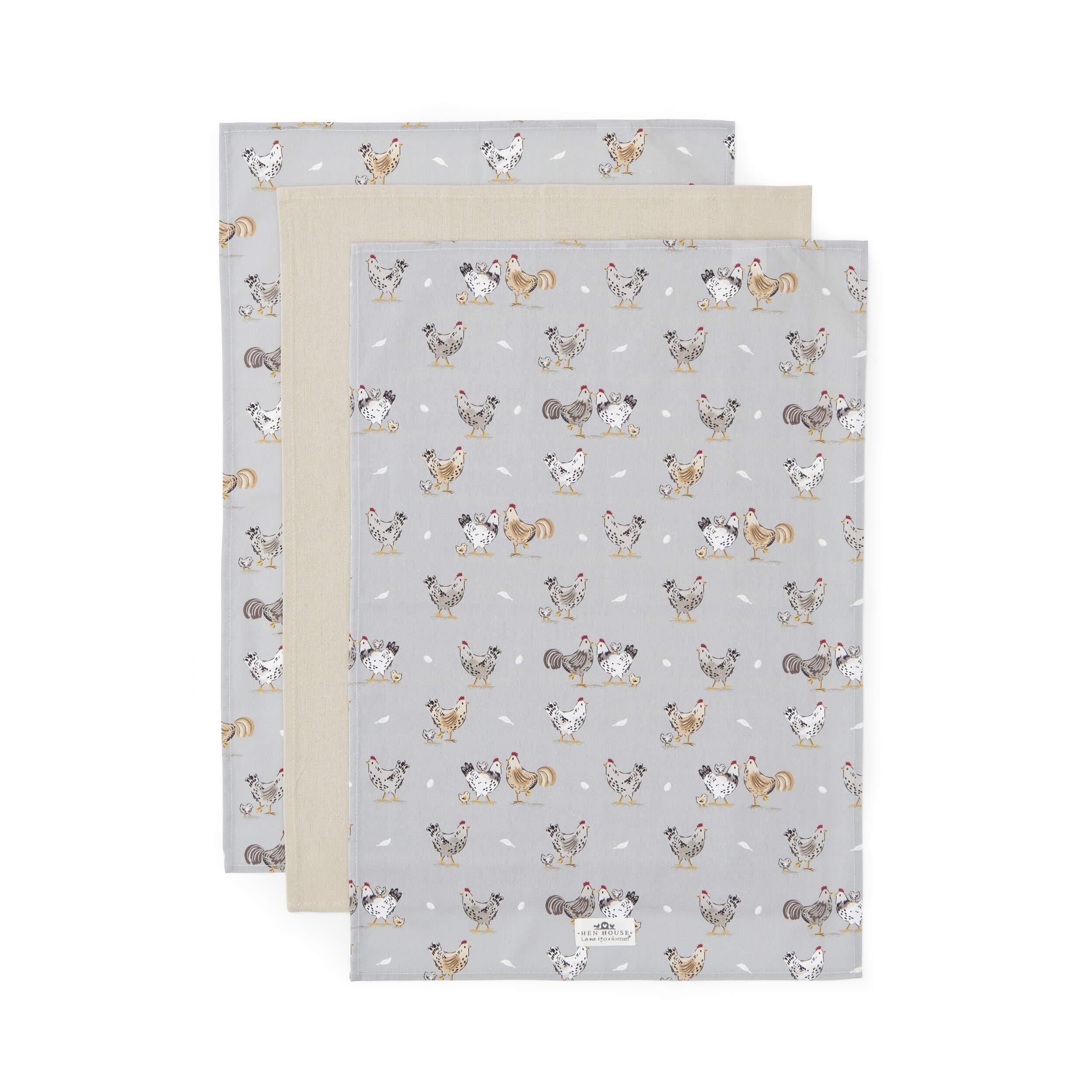 Hen House Lane 3 Pack Premium Cotton Tea Towels - Absorbent Kitchen Towels for Drying Dishes, Cleaning Countertops & Decor (Farmhouse Style)