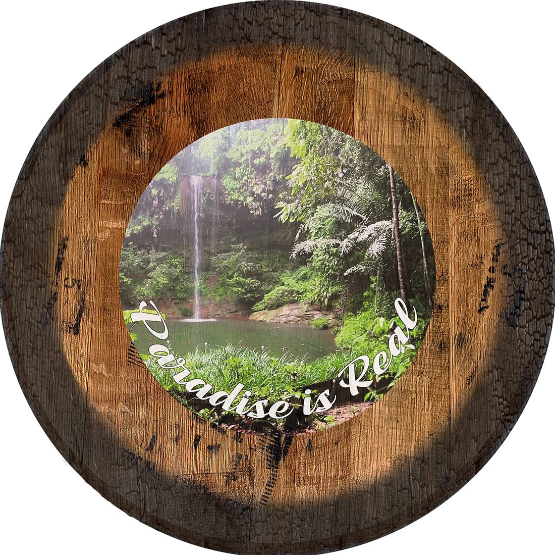 PS Prints Paradise Tropical Beach Wall Art - Large Oak Whiskey Barrel Lid Decor for Coastal, Beach House & Bar Wall Decor | Perfect for Living Room, Bedroom, Man Cave & Home Bar