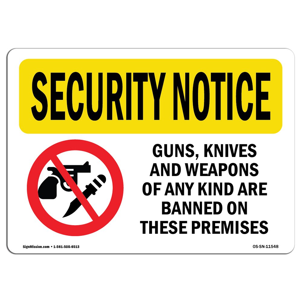 OSHA Security Sign - No Guns Knives Weapons | Durable Vinyl Decal for Business & Warehouse Safety | Made in USA