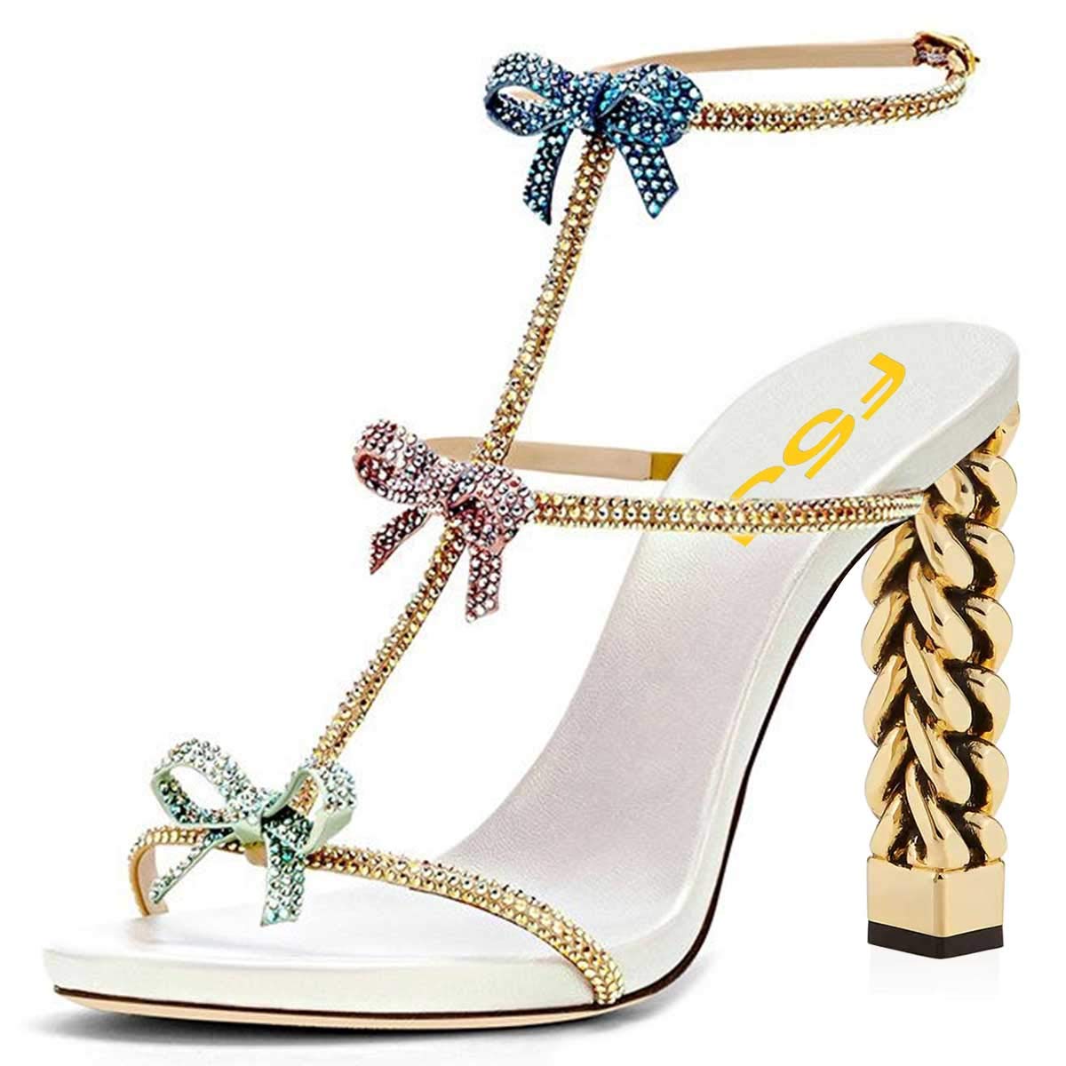 FSJ Women's Gold Metal Chain High Heel Sandals - Open Toe Strappy Ankle Strap Slingback Dress Shoes - Comfortable Summer Heels for Women US Size 4-15 - Perfect for Weddings, Parties & Date Nights